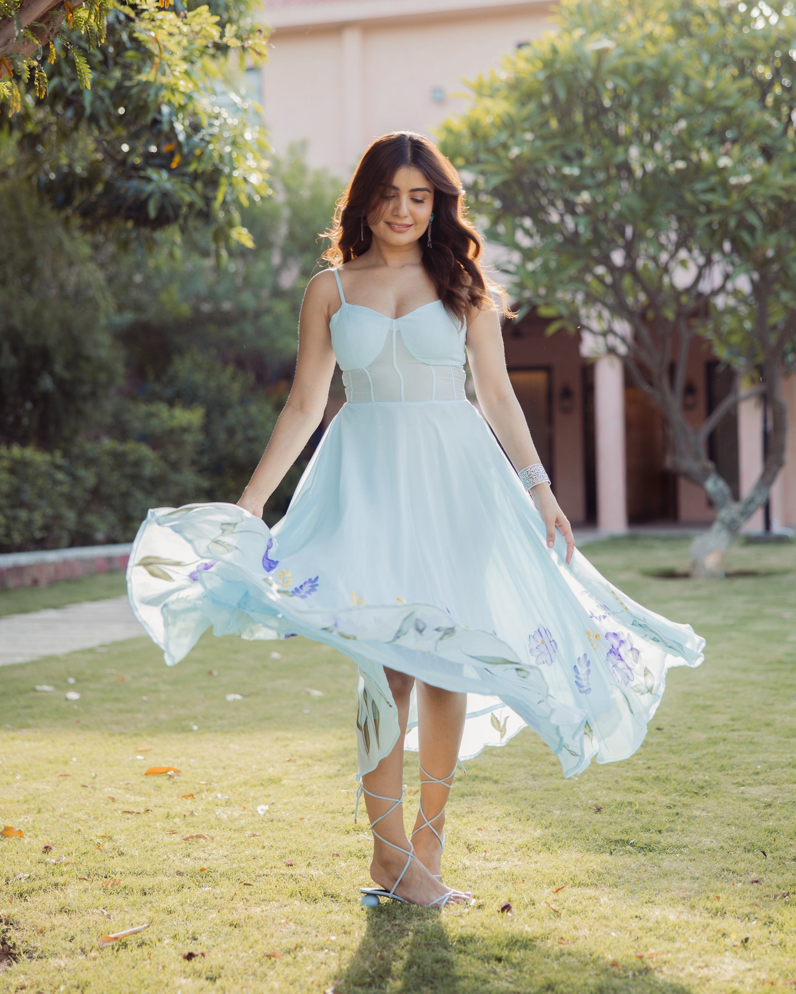 Petal Strokes Blue Handpainted Georgette Dress