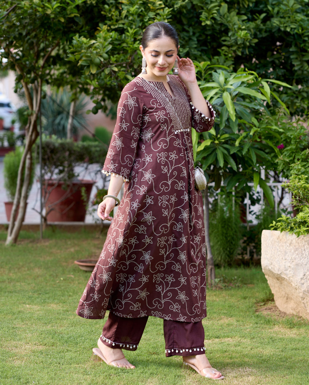 Nida Brown Bandhani Cotton Kurta Set