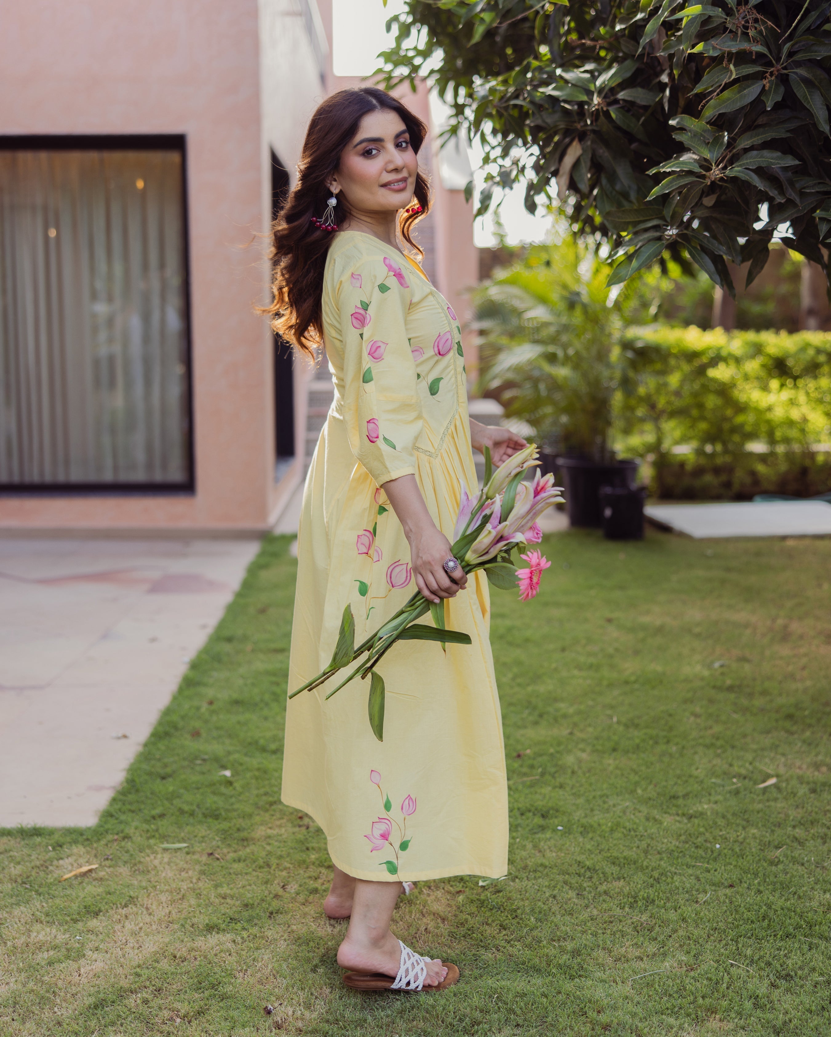 Kara Bloom Yellow Handpainted Cotton Dress