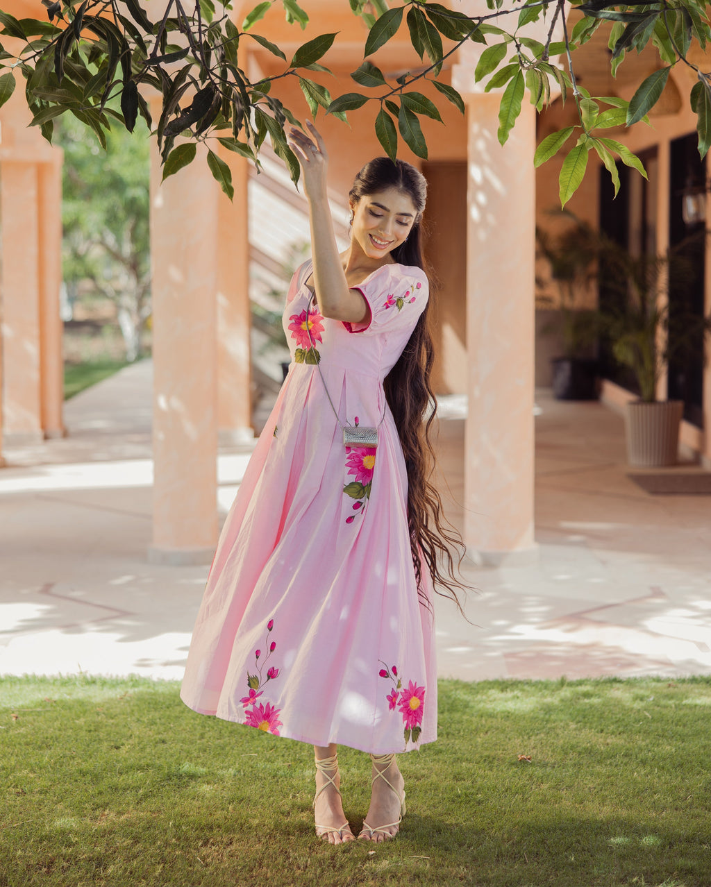 Flora Fable Pink Handpainted Cotton Dress