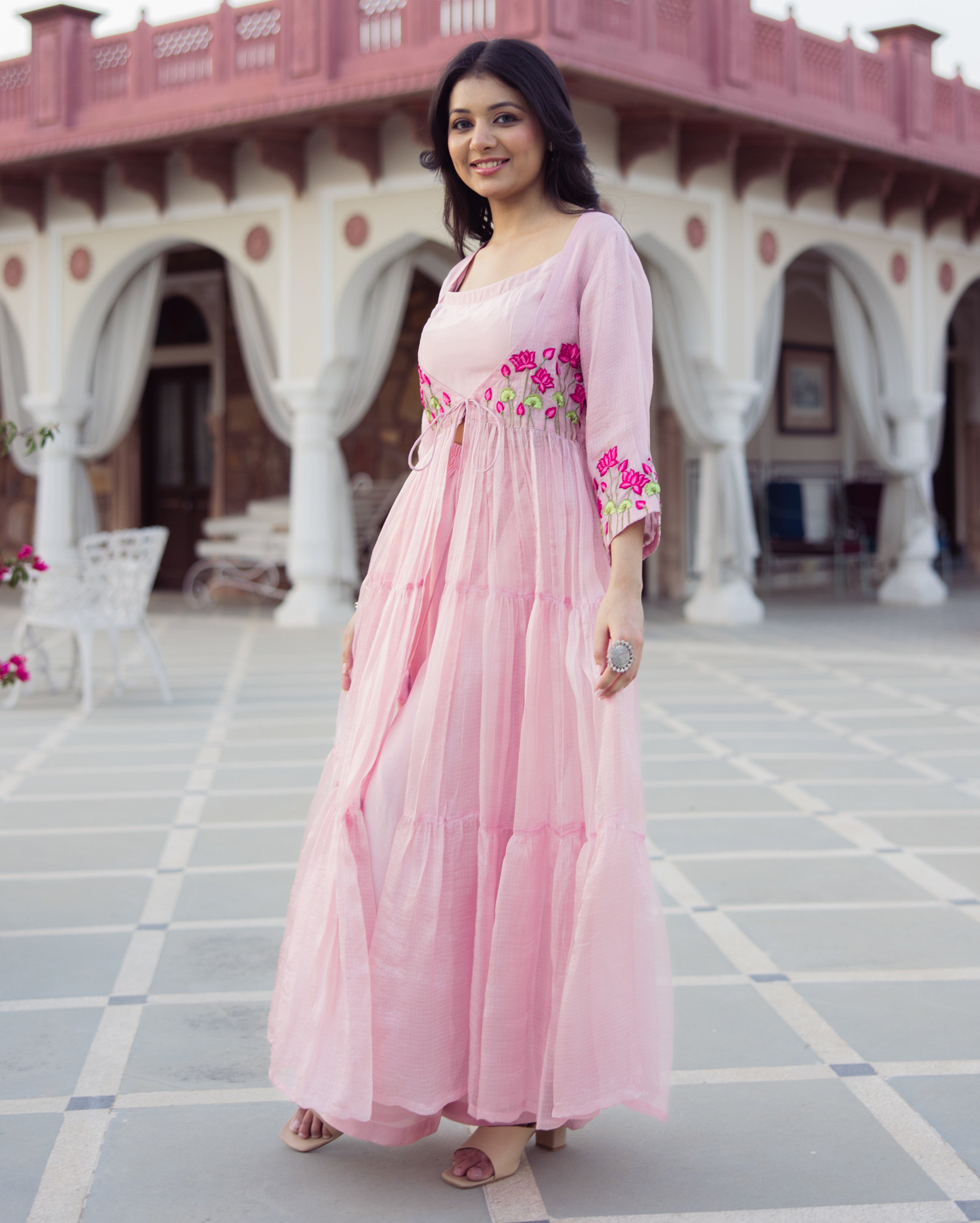 Flowy Pink Embroidered Doria Coord Set