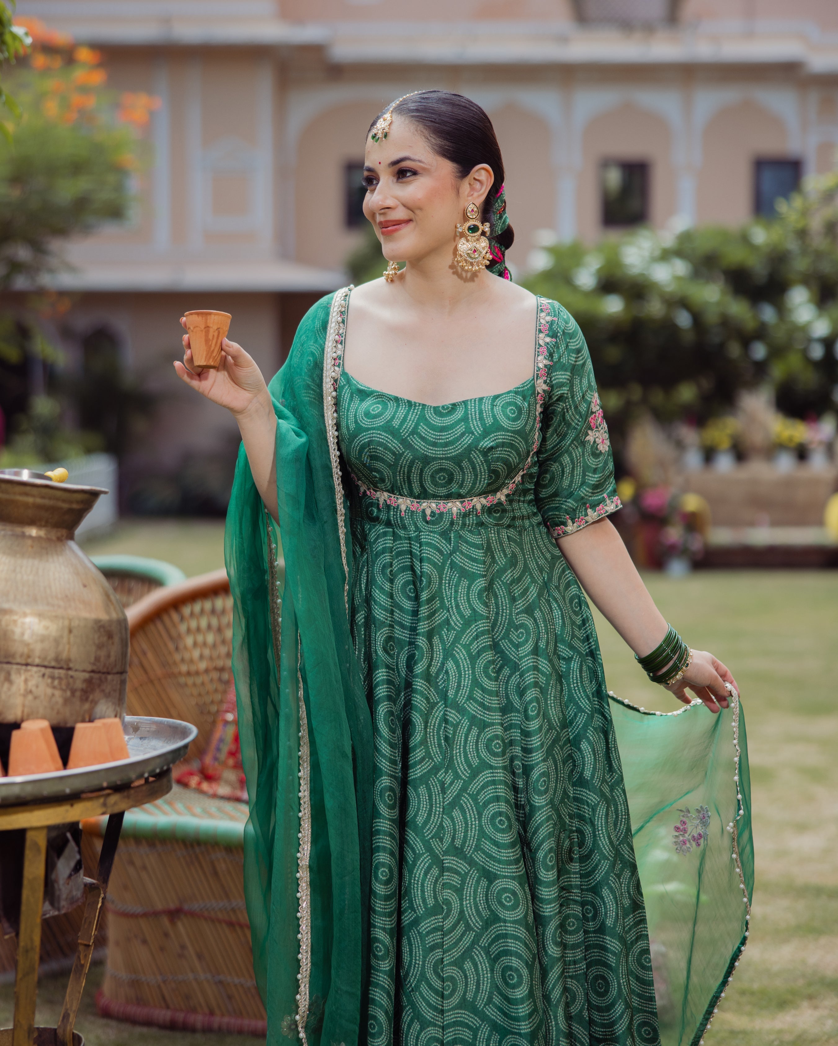 Veer Dark Green Bandhani Chanderi Suit Set