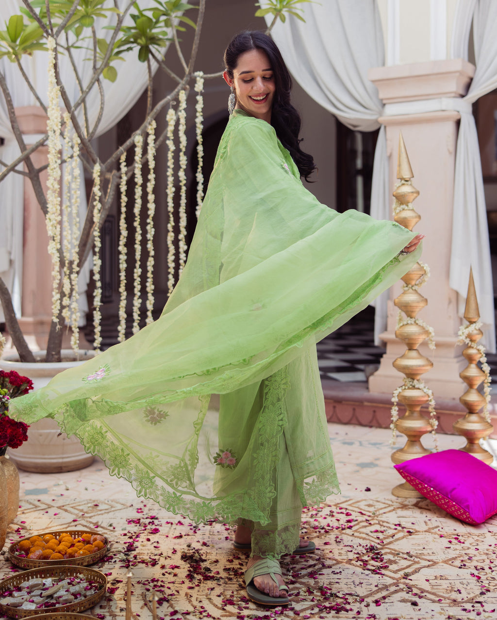 Neo Green Embroidered Chanderi Suit Set