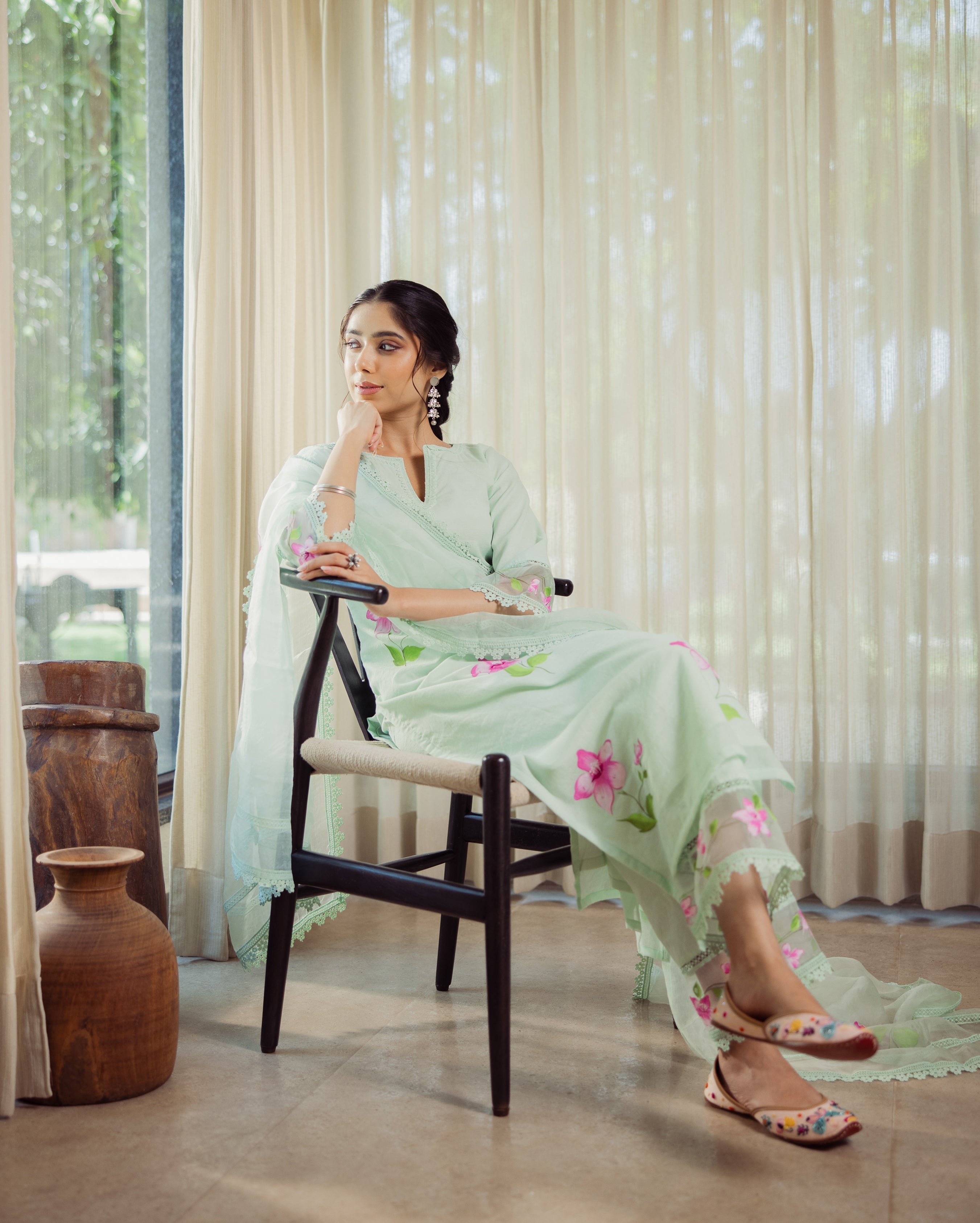 Mirage Mint Green Handpainted Chanderi Suit Set