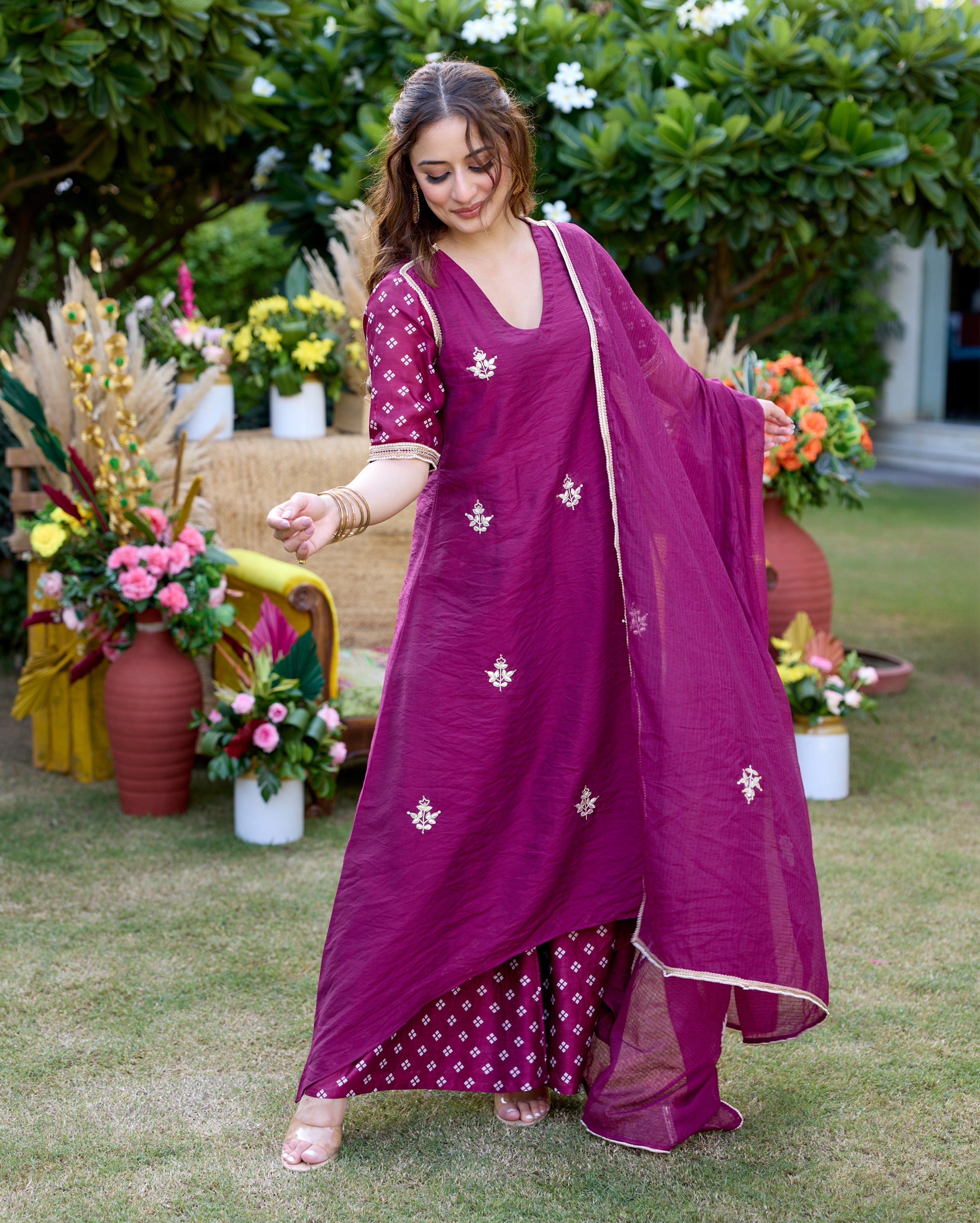 Shrishti Plum Bandhani Chanderi Suit Set