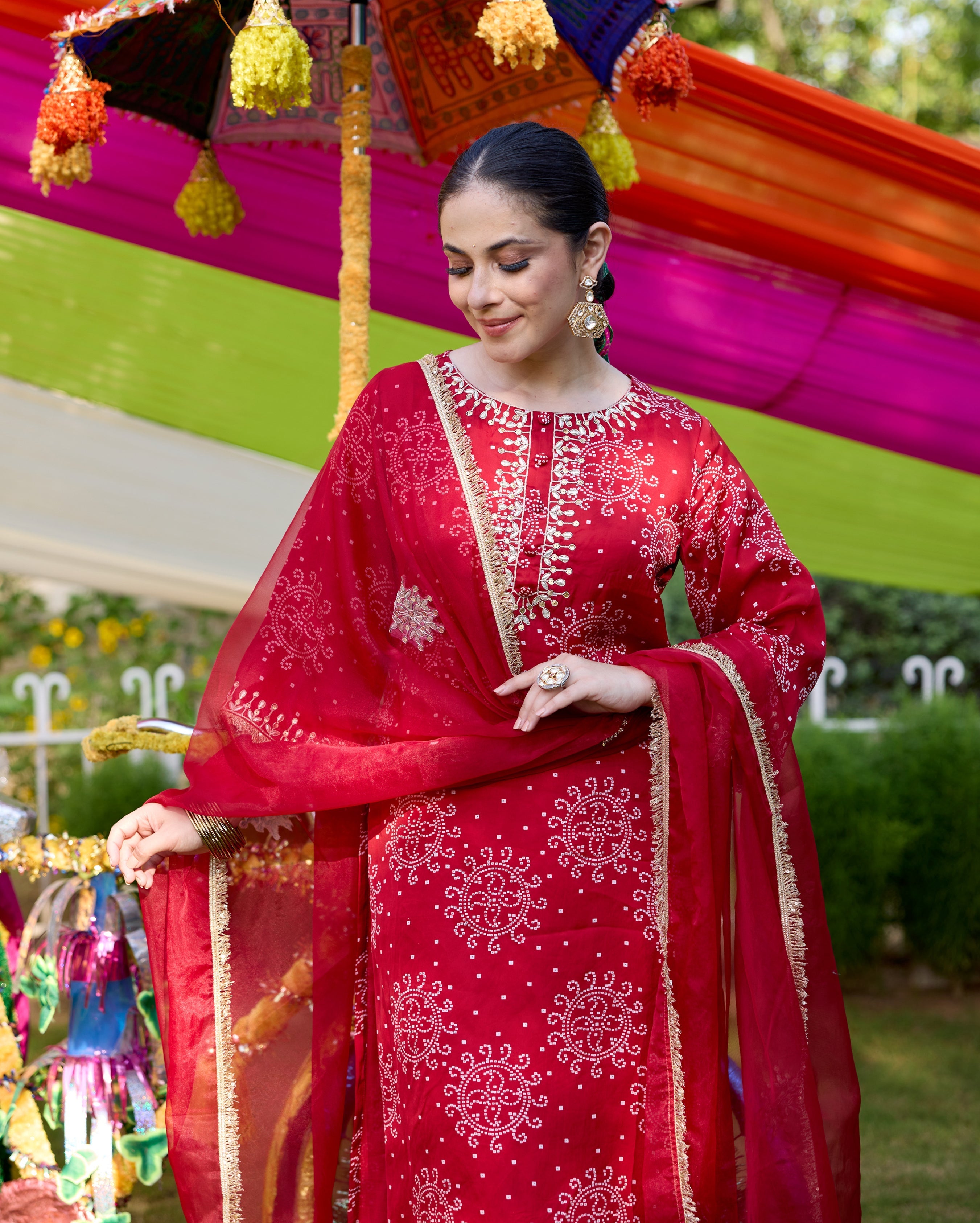 Vaidehi Maroon Bandhani Satin Suit Set