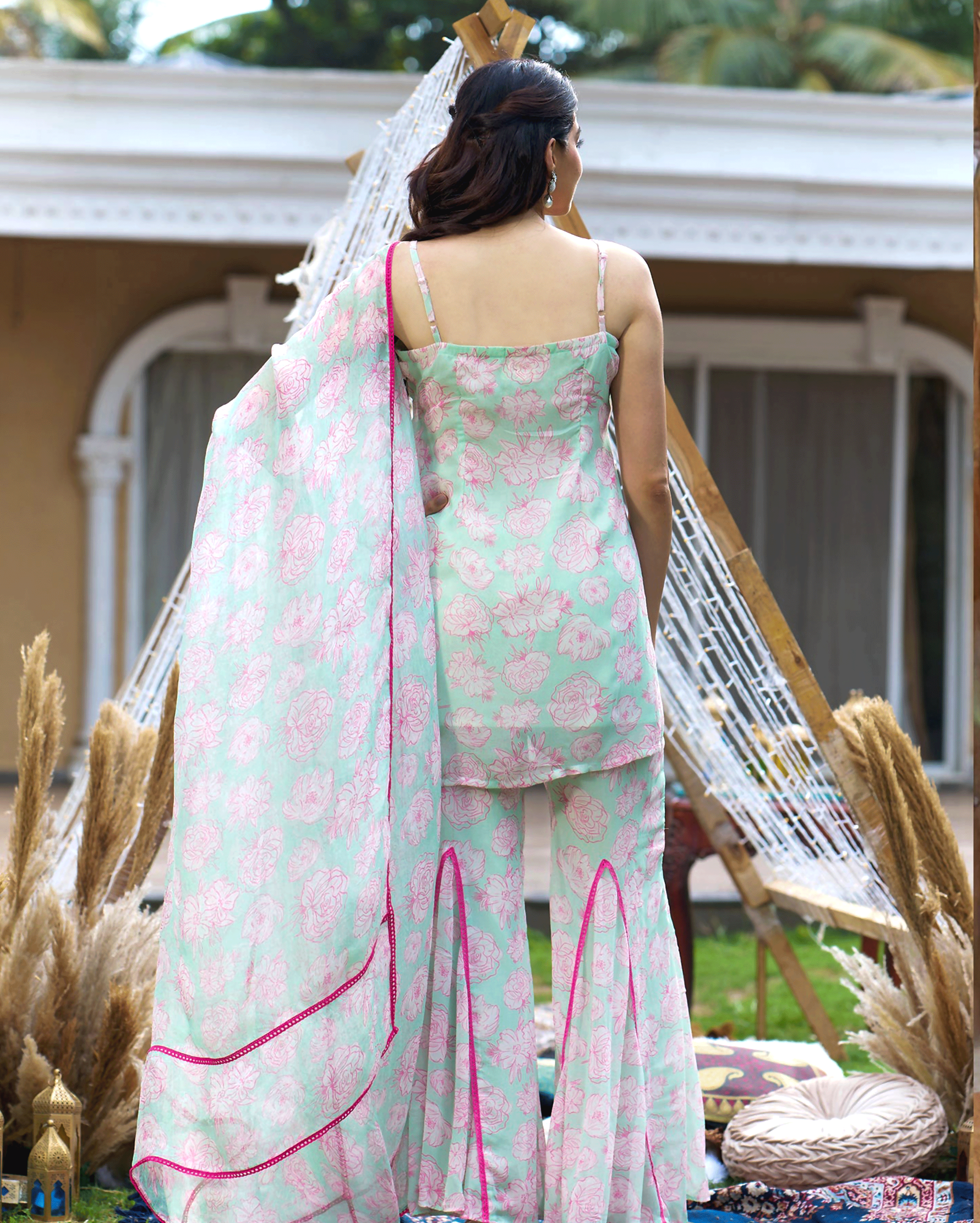 Kinaaz Sea Green Printed Georgette Sharara Set