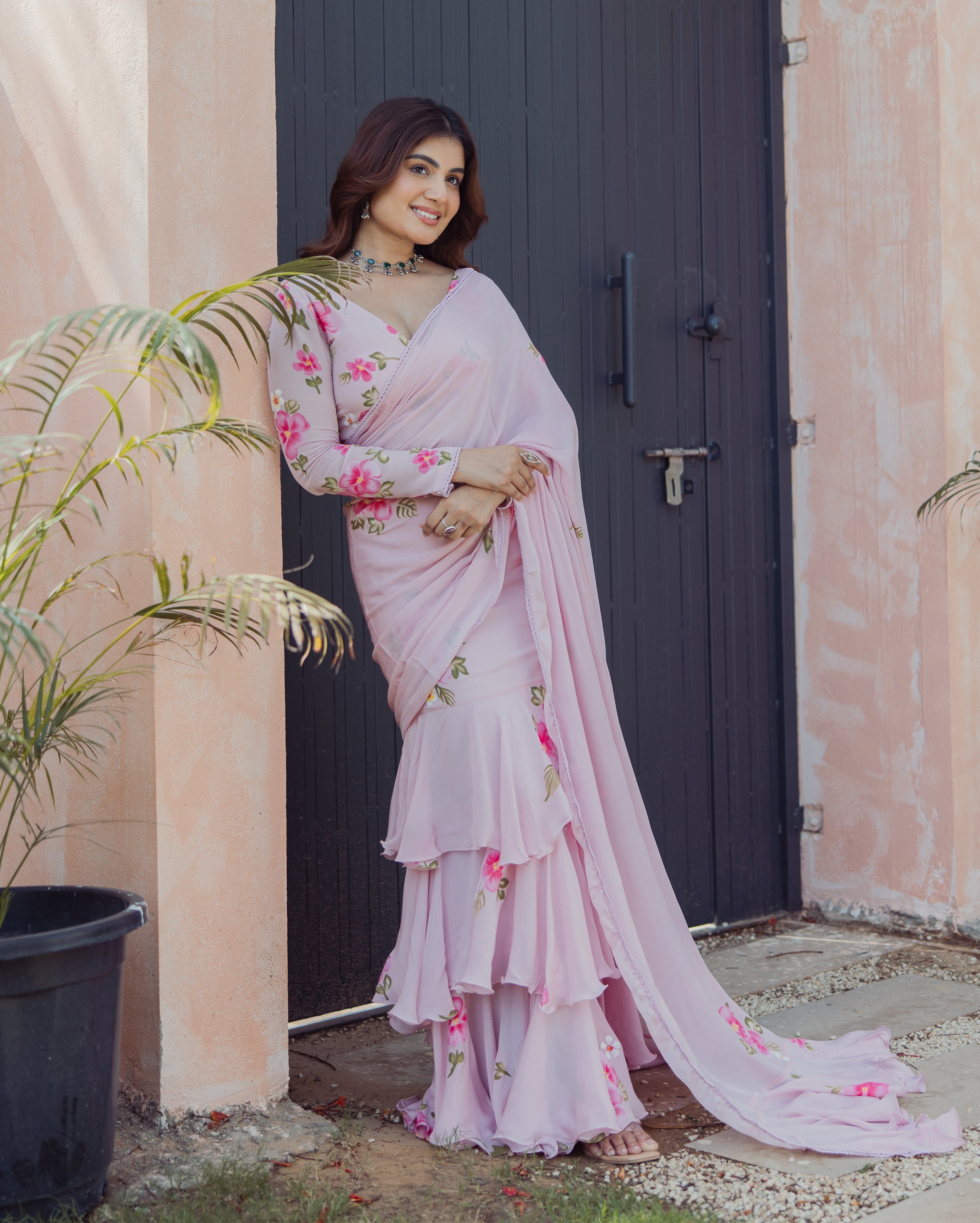 Bloom Pink Handpainted Chinon Pre draped Saree