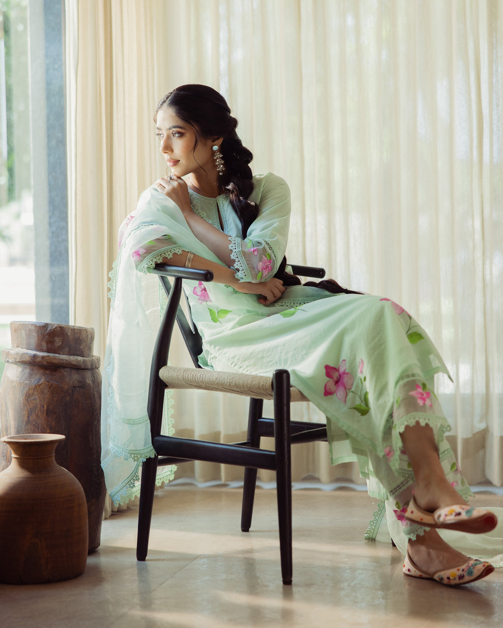 Mirage Mint Green Handpainted Chanderi Suit Set