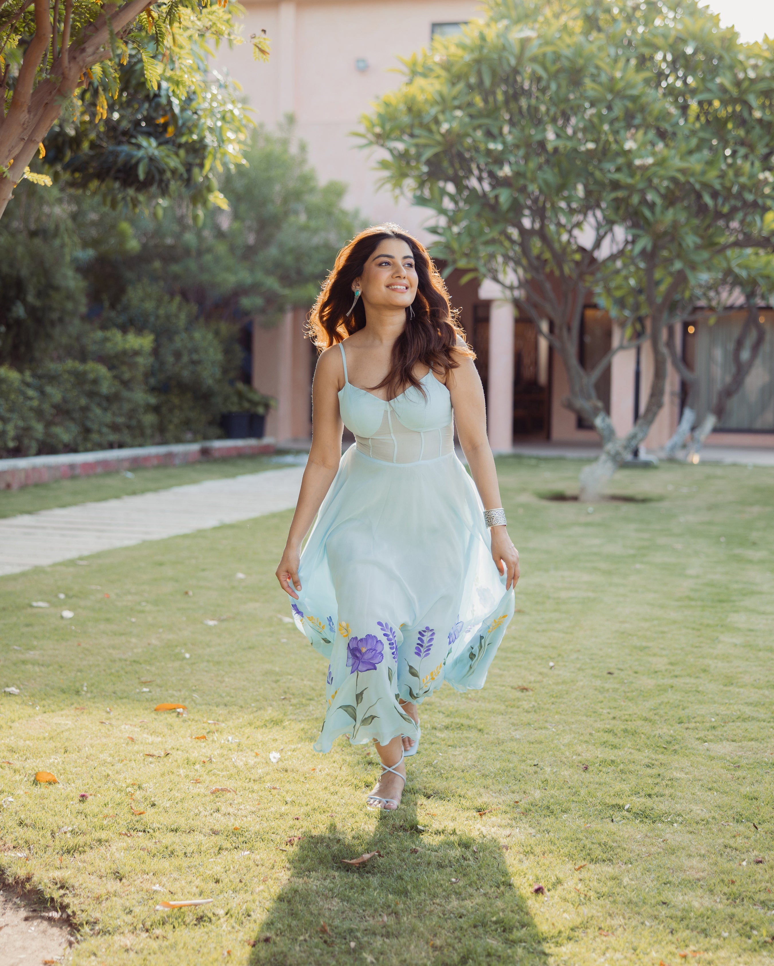 Petal Strokes Blue Handpainted Georgette Dress