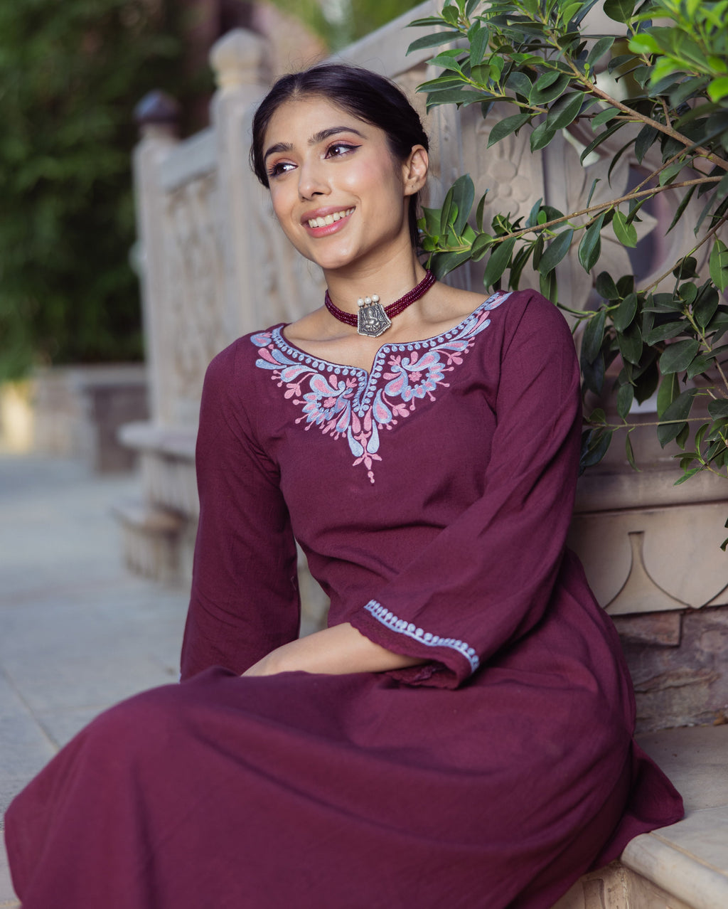 Chic Brown Embroidered Flex Kurta Set