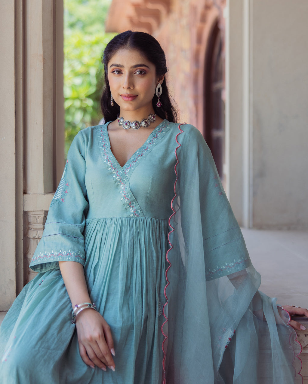 Blushing Green Embroidered Chanderi Suit Set