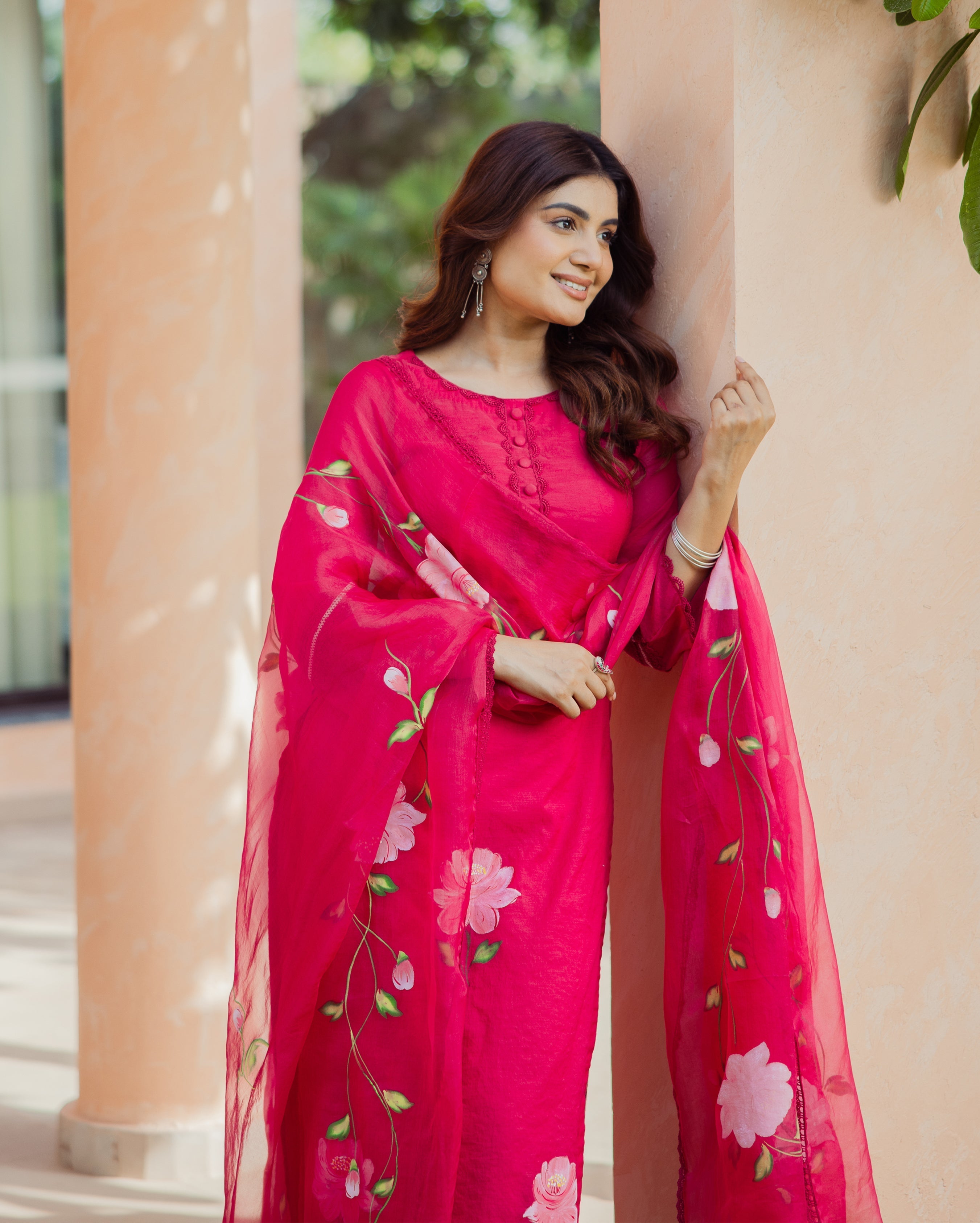 Meadow Magenta Handpainted Chanderi Suit Set
