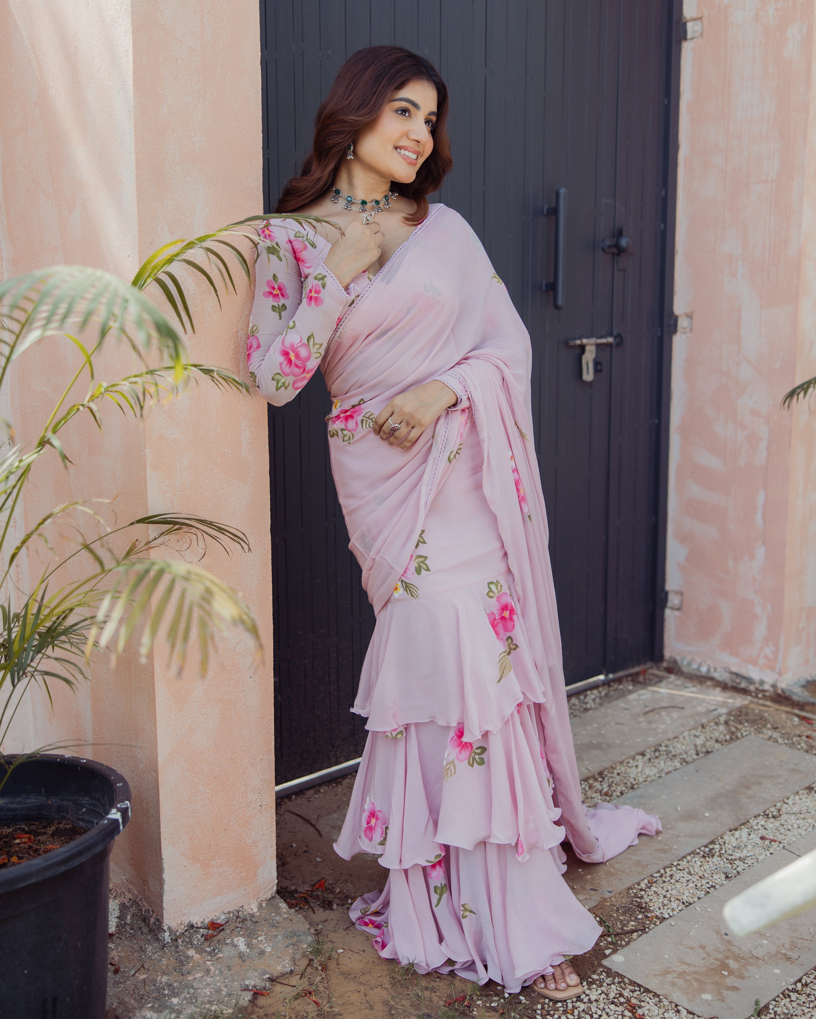 Bloom Pink Handpainted Chinon Pre draped Saree