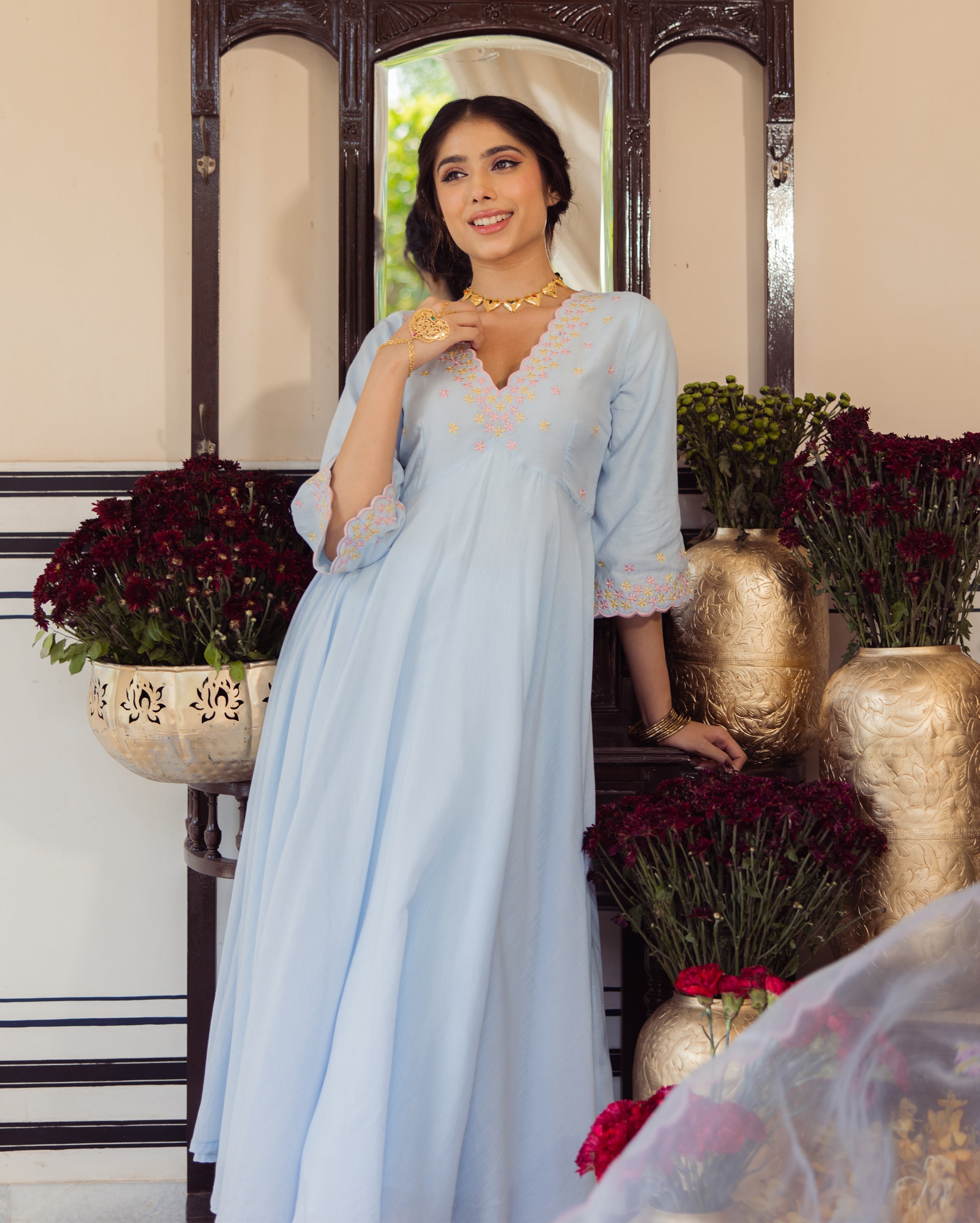 Star Blue Embroidered Cotton Suit Set