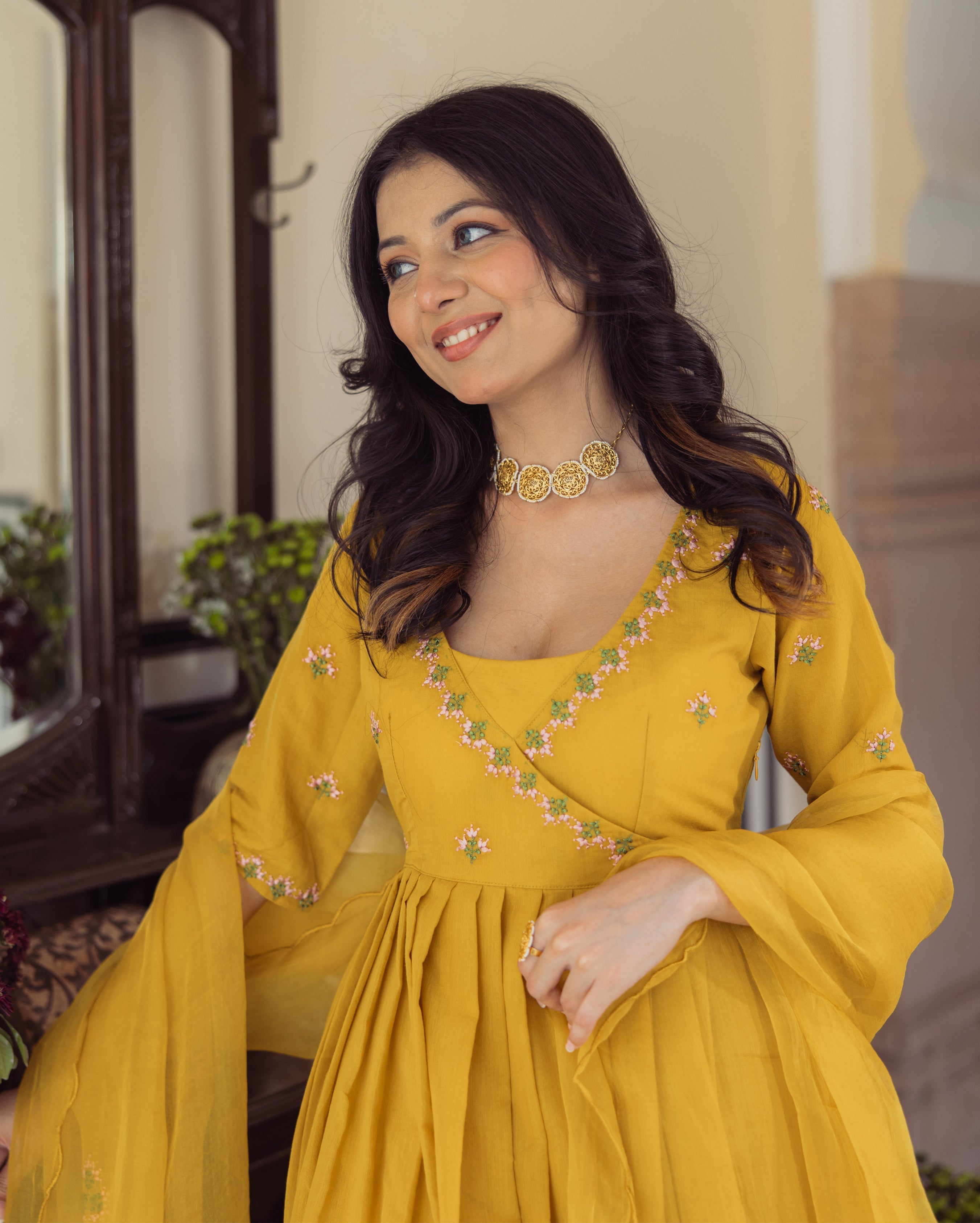 Sunny Mustard Ombre Embroidered Chanderi Suit Set