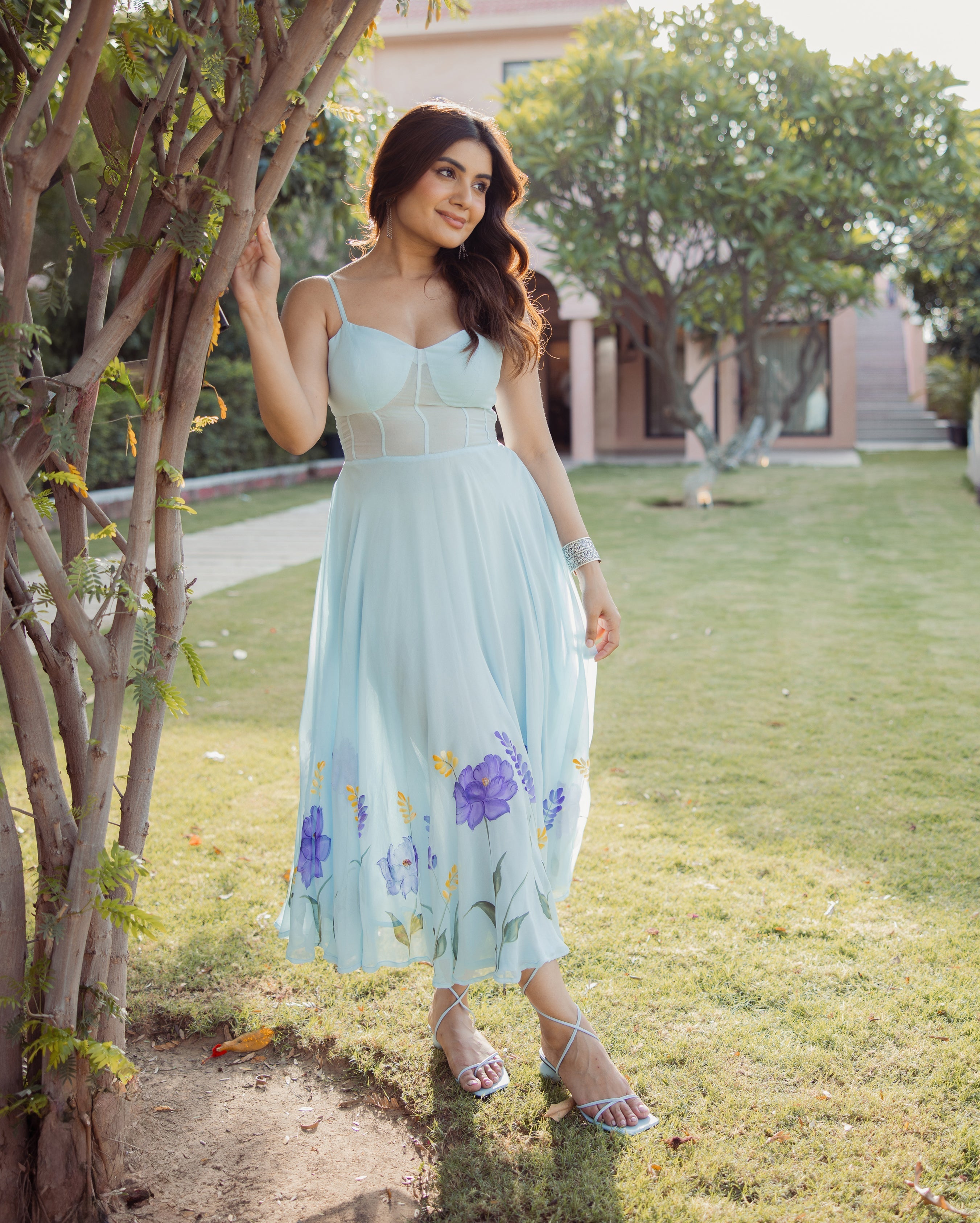 Petal Strokes Blue Handpainted Georgette Dress