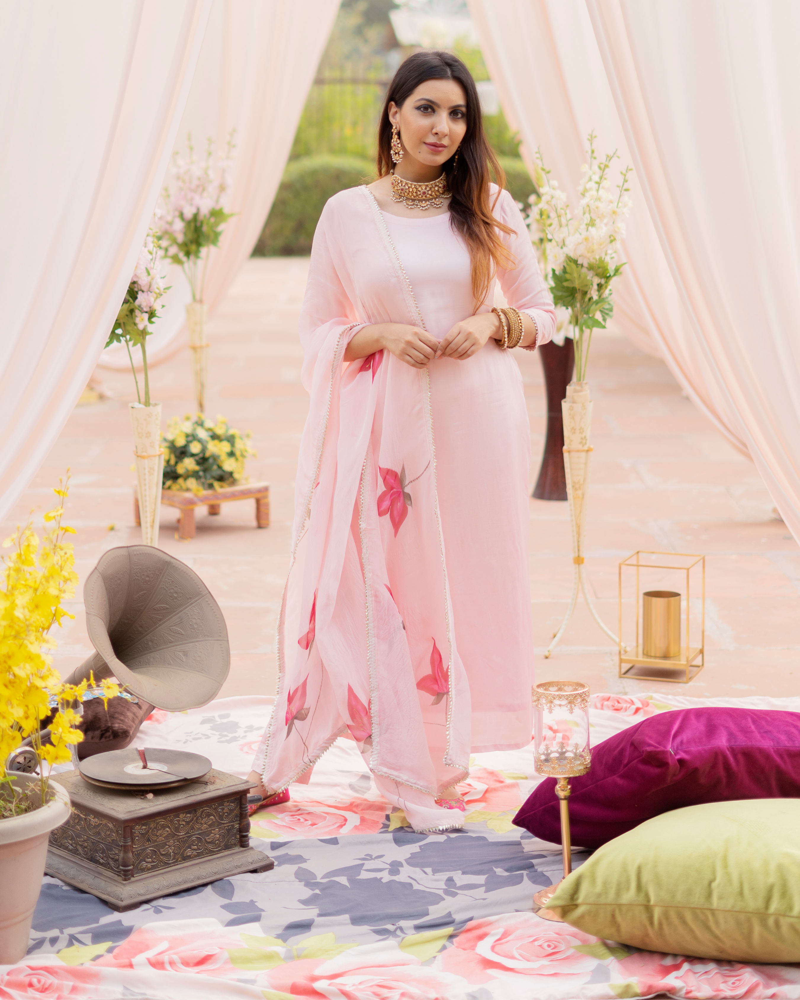 Tropical Peach Organza Handpainted Suit Set
