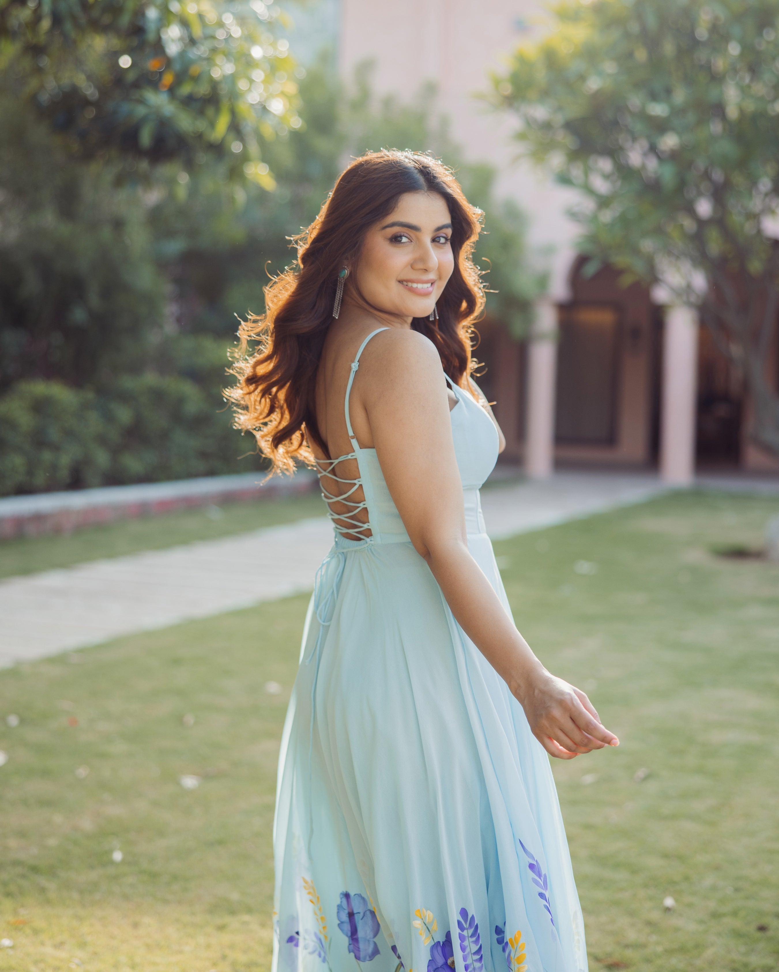 Petal Strokes Blue Handpainted Georgette Dress