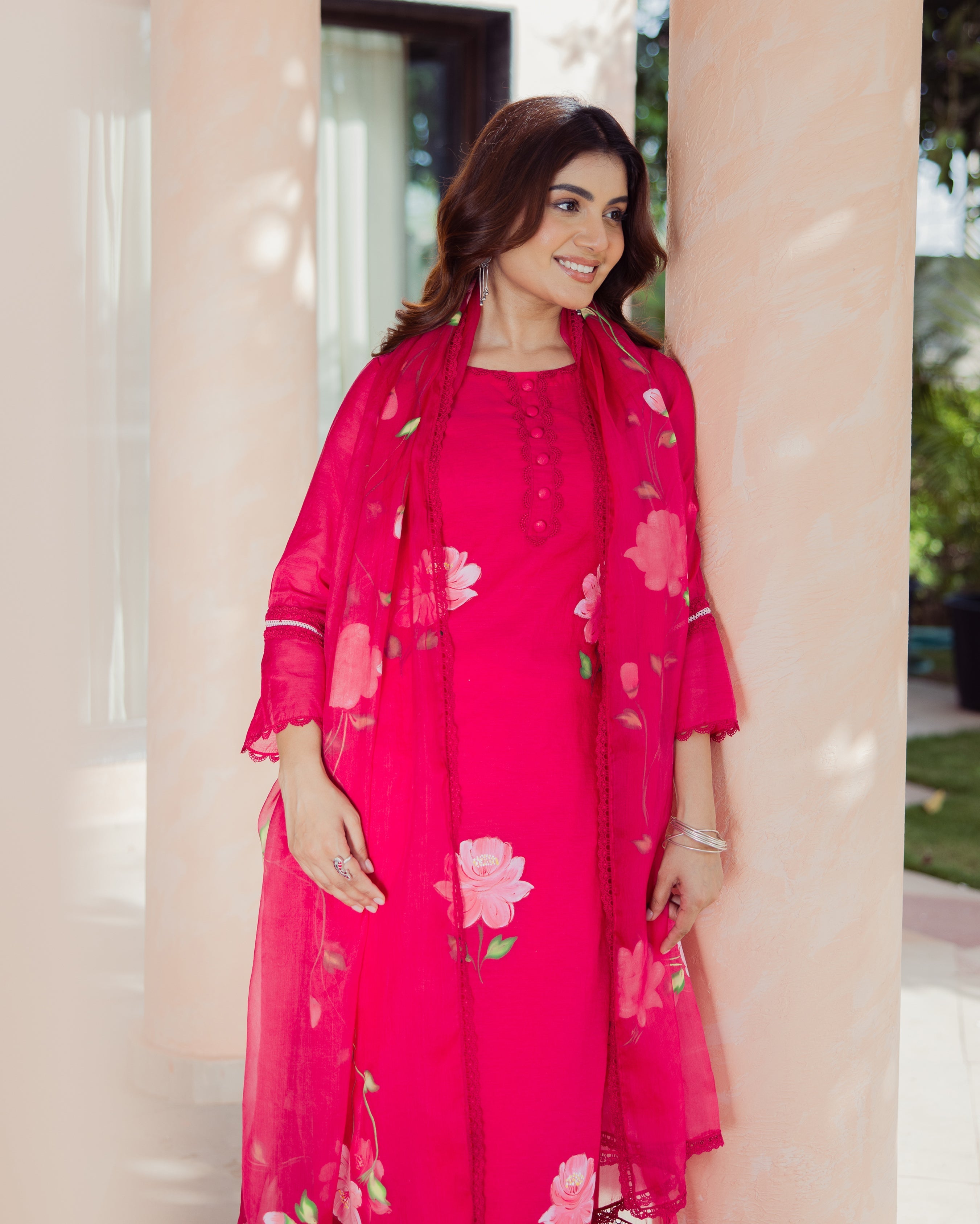 Meadow Magenta Handpainted Chanderi Suit Set