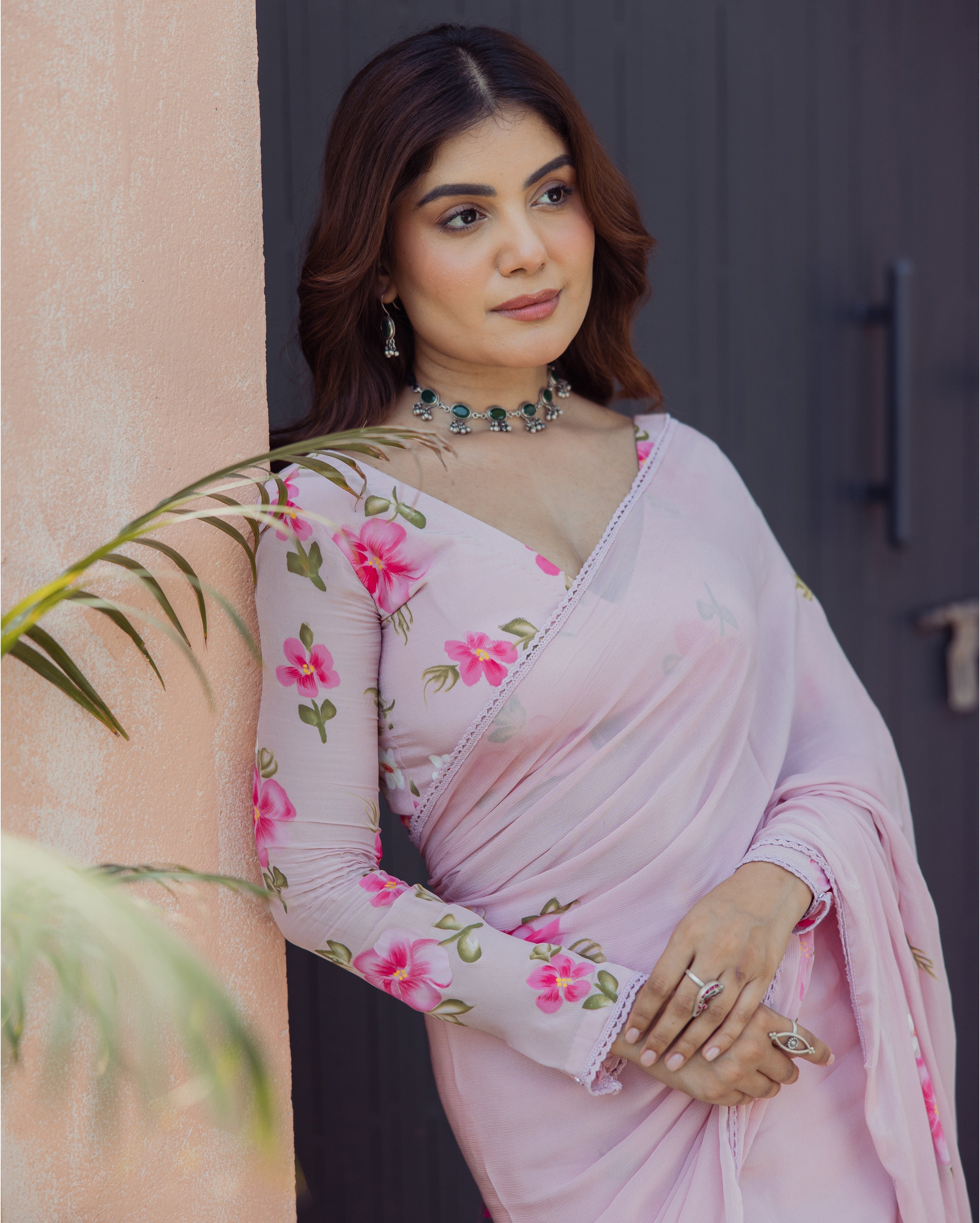Bloom Pink Handpainted Chinon Pre draped Saree