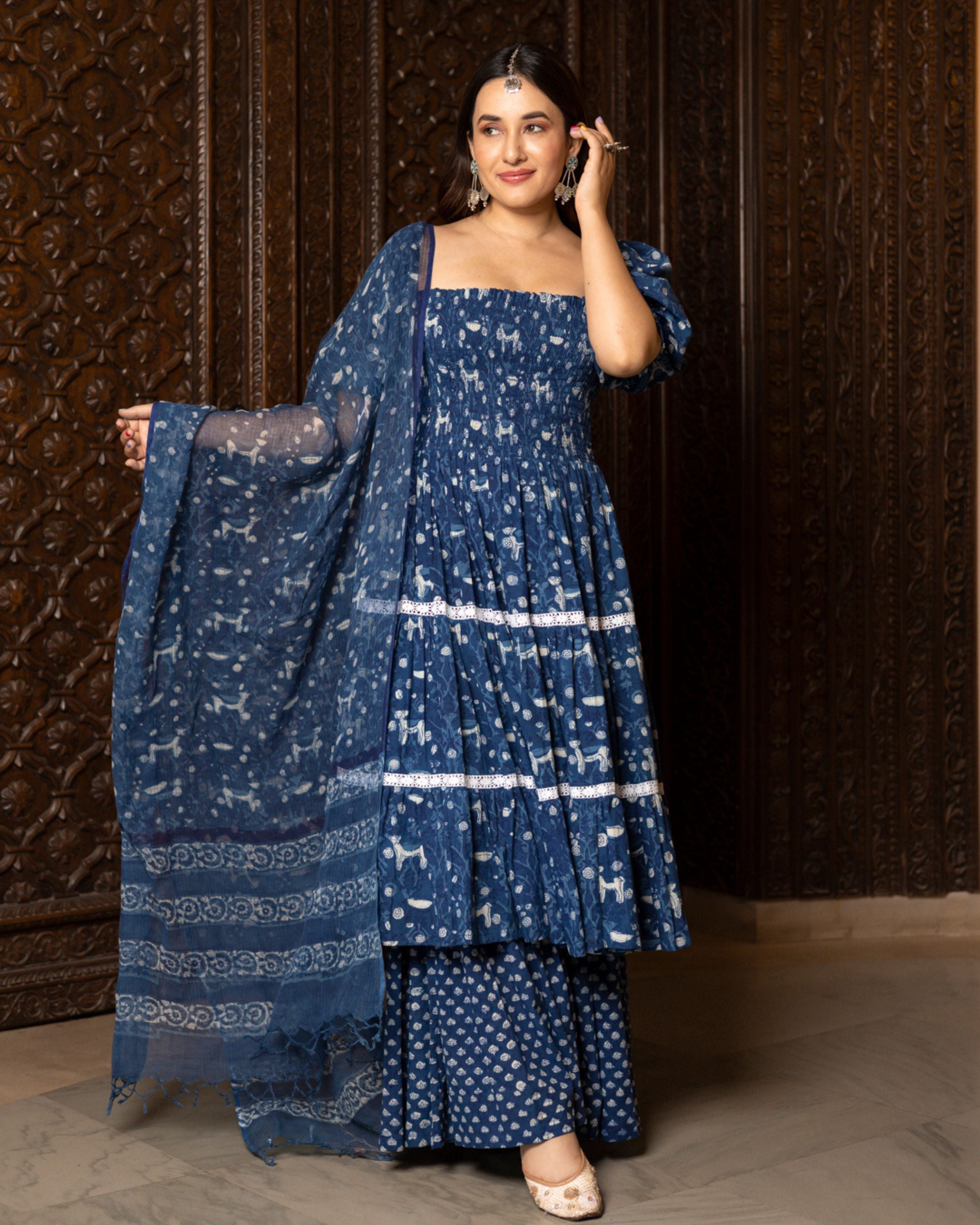 Nilgiri Handblock Tiered Sharara Set