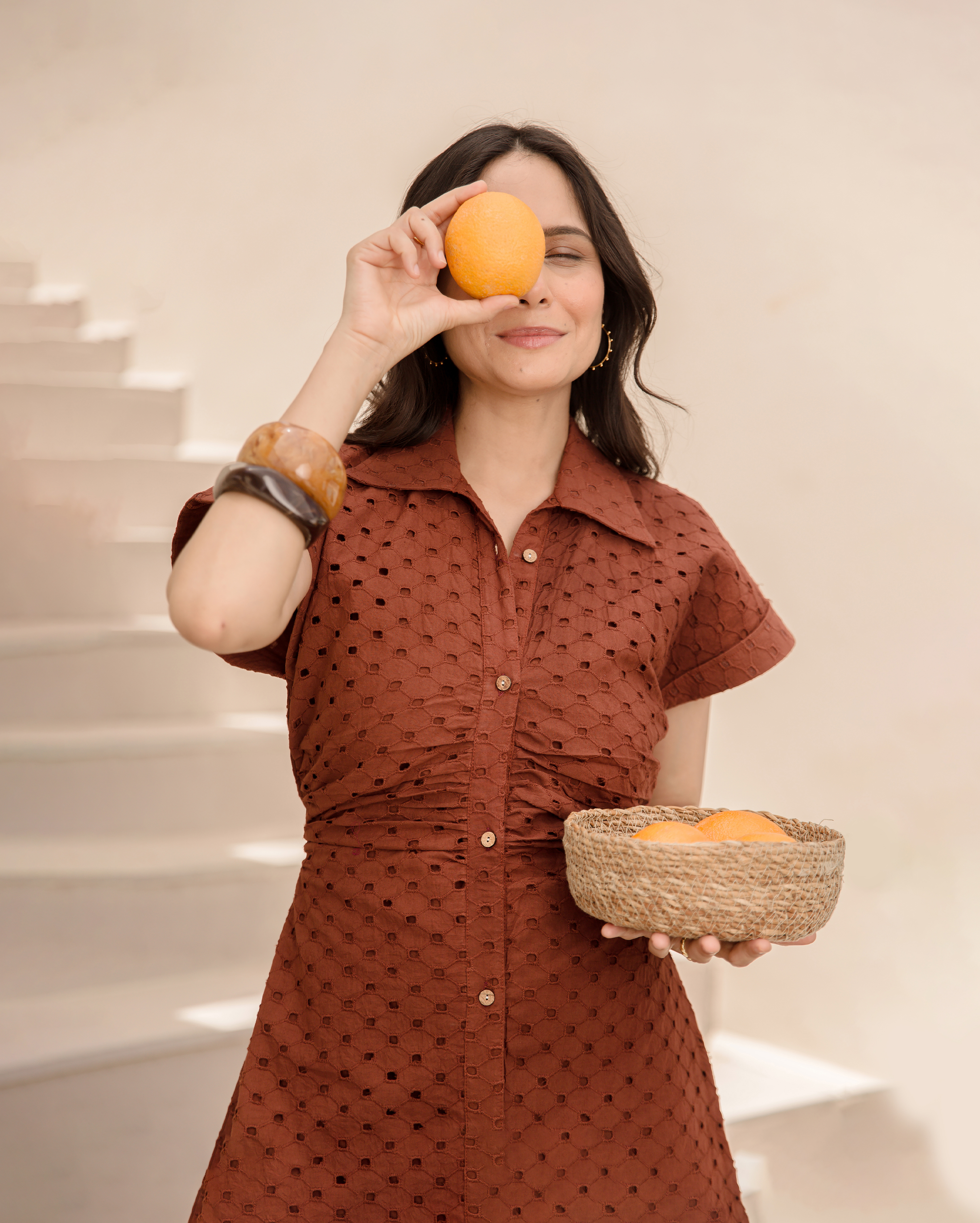 Earthy Brown Cotton Schiffli Dress