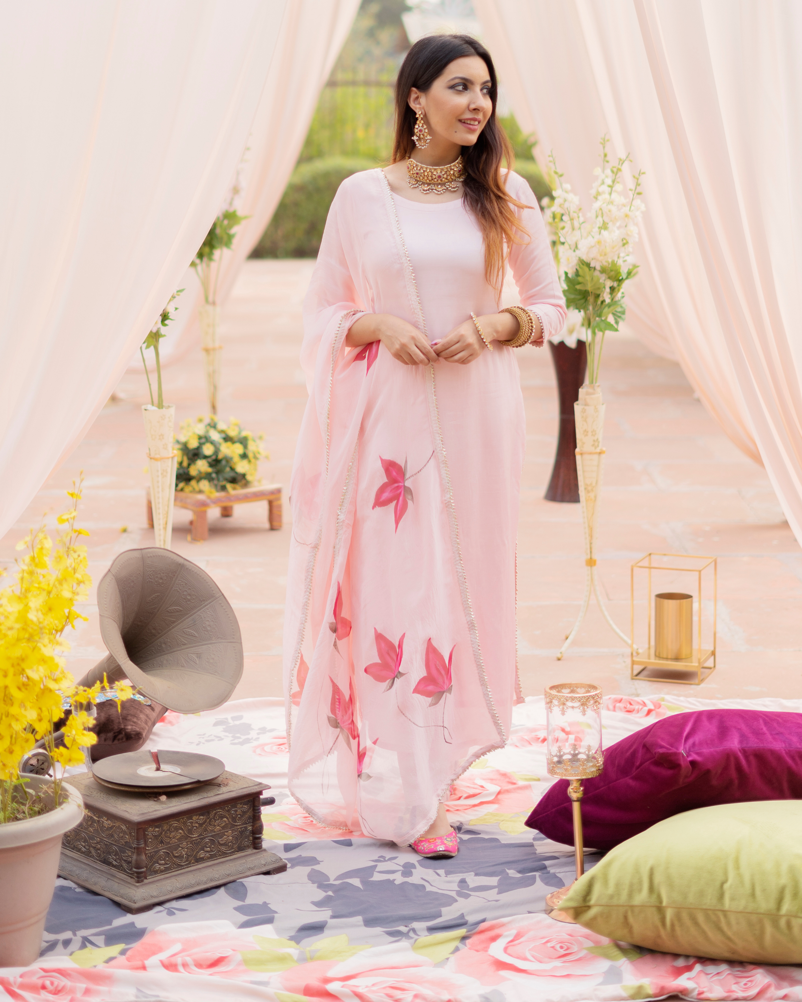 Tropical Peach Organza Handpainted Suit Set