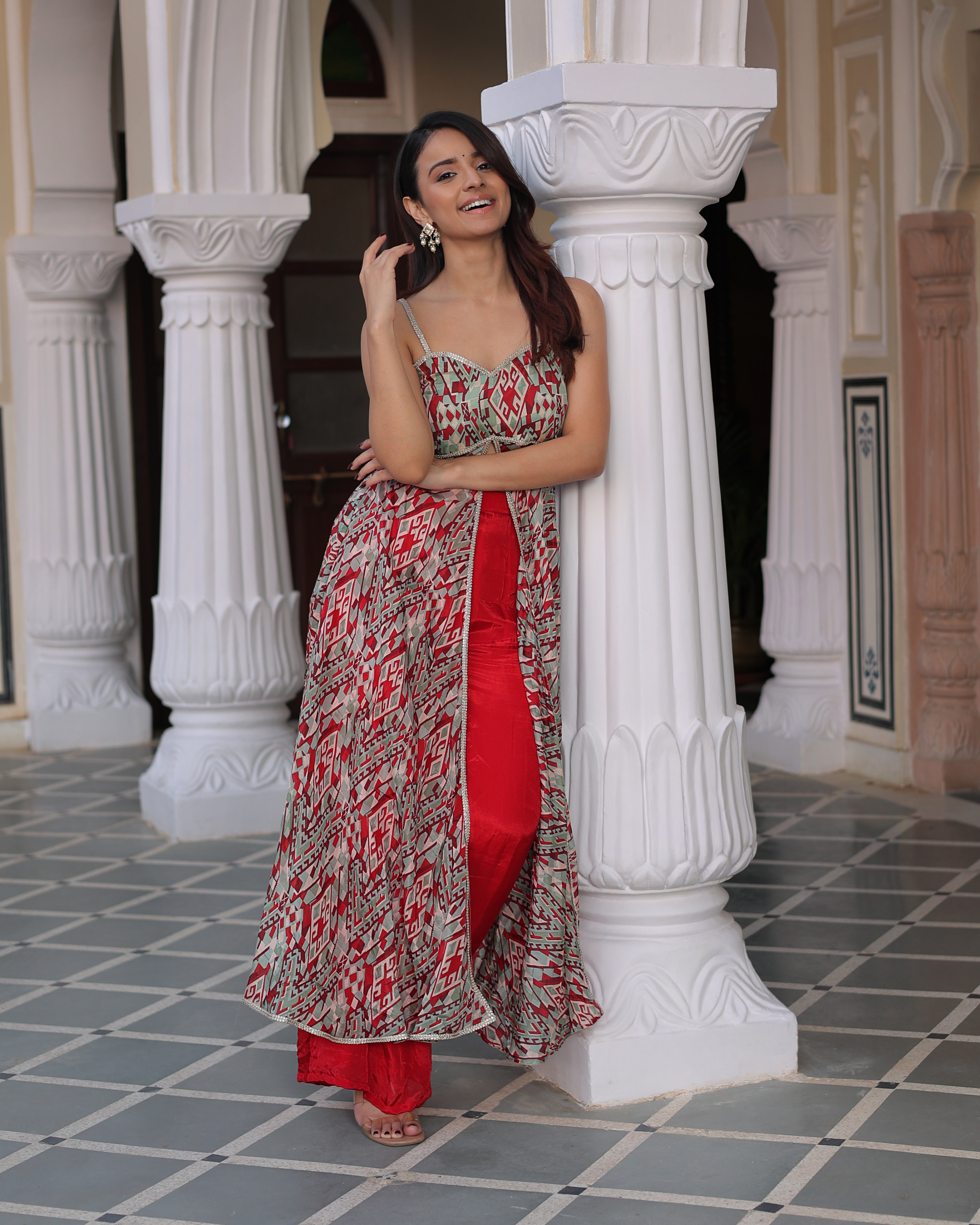 Wavy Red Printed Silk Coord Set