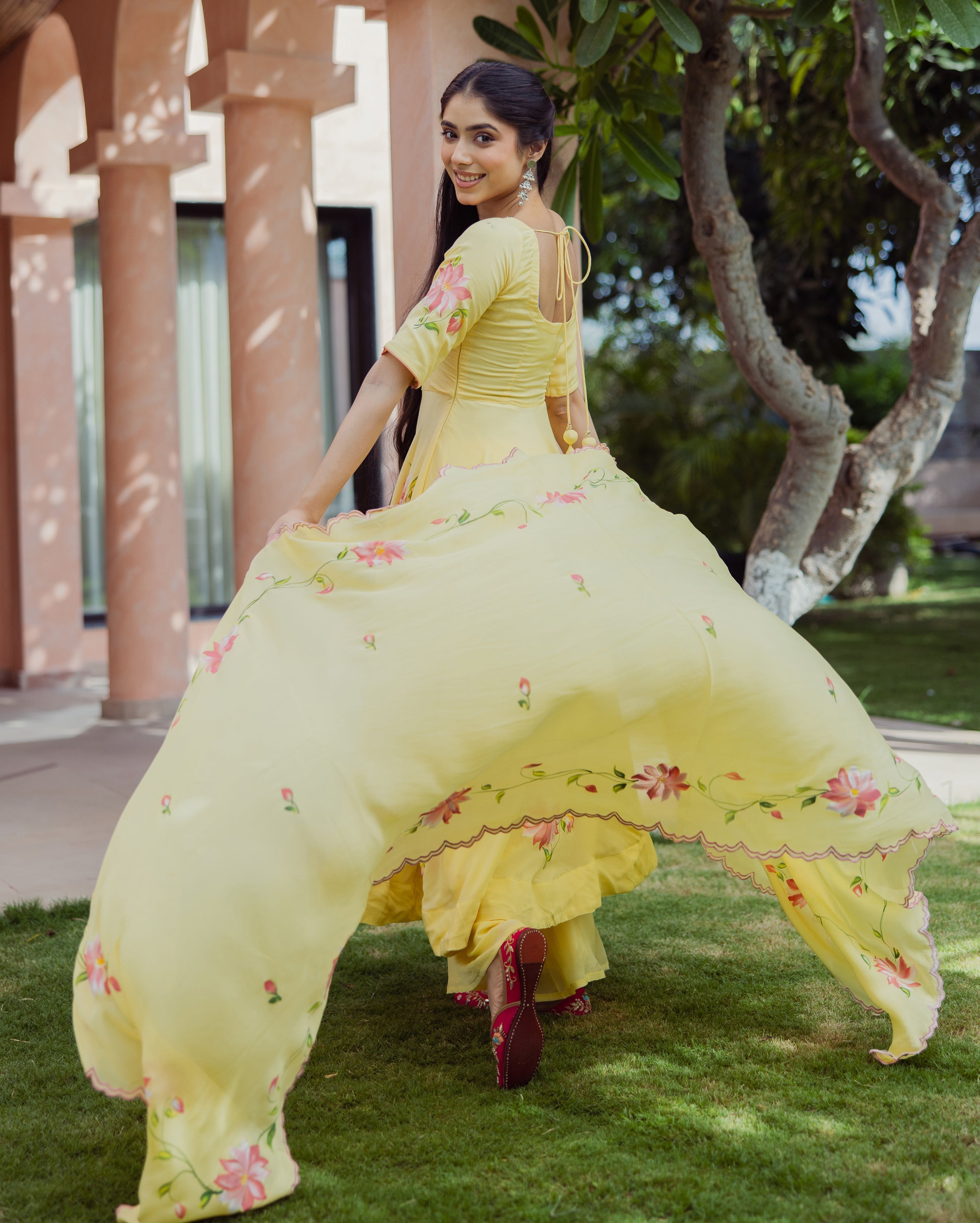 Aura Yellow Handpainted Chinon Suit Set