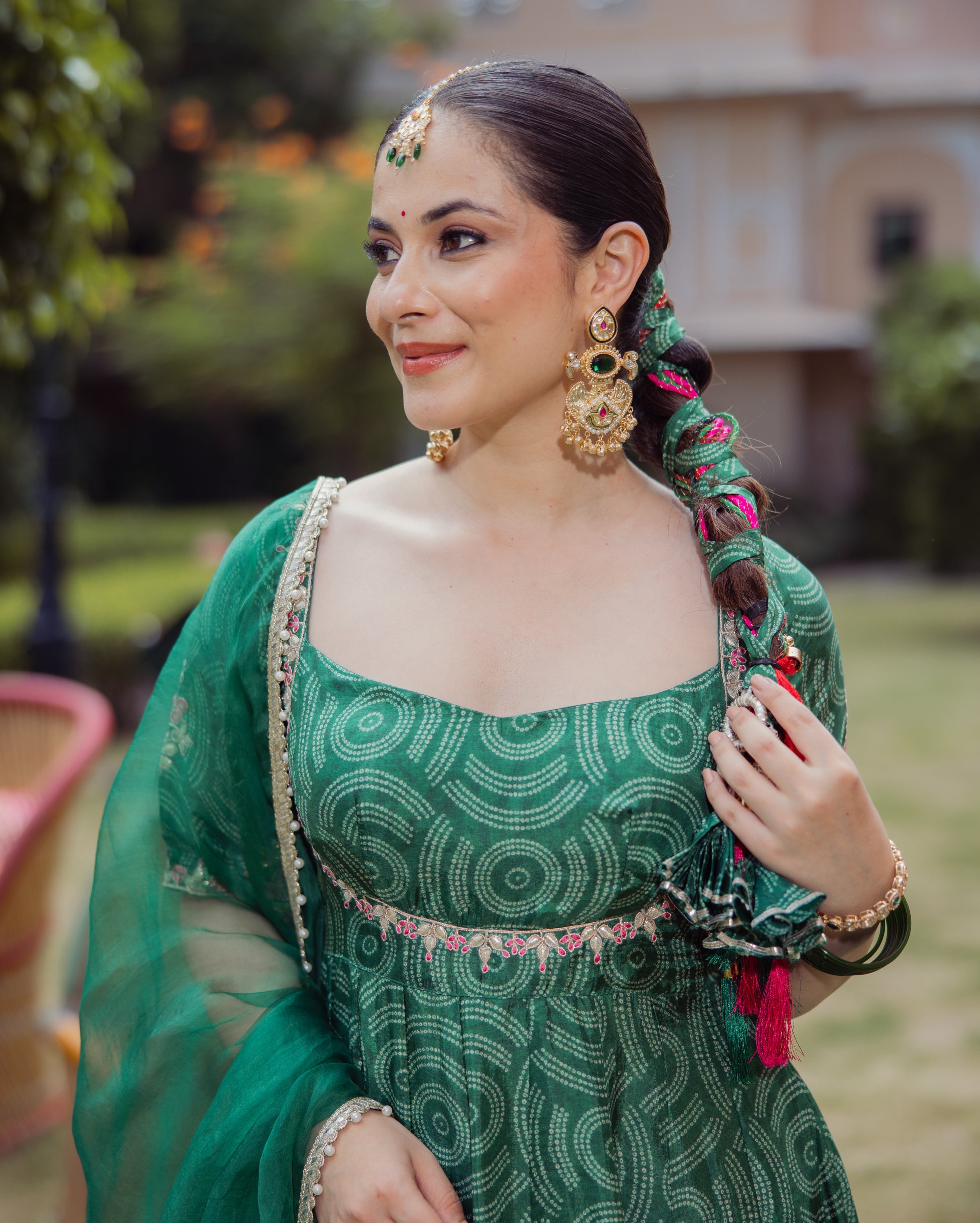 Veer Dark Green Bandhani Chanderi Suit Set