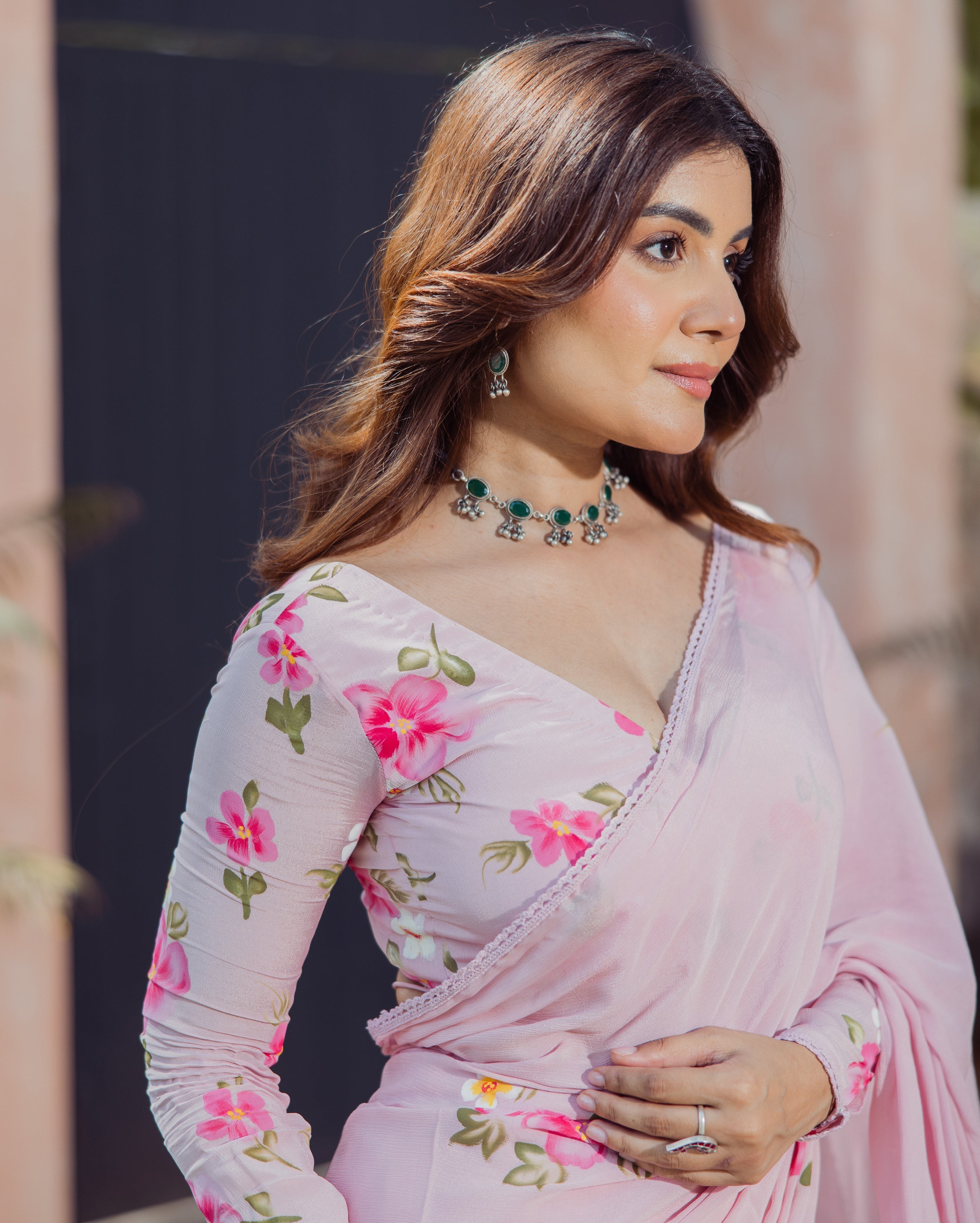 Bloom Pink Handpainted Chinon Pre draped Saree