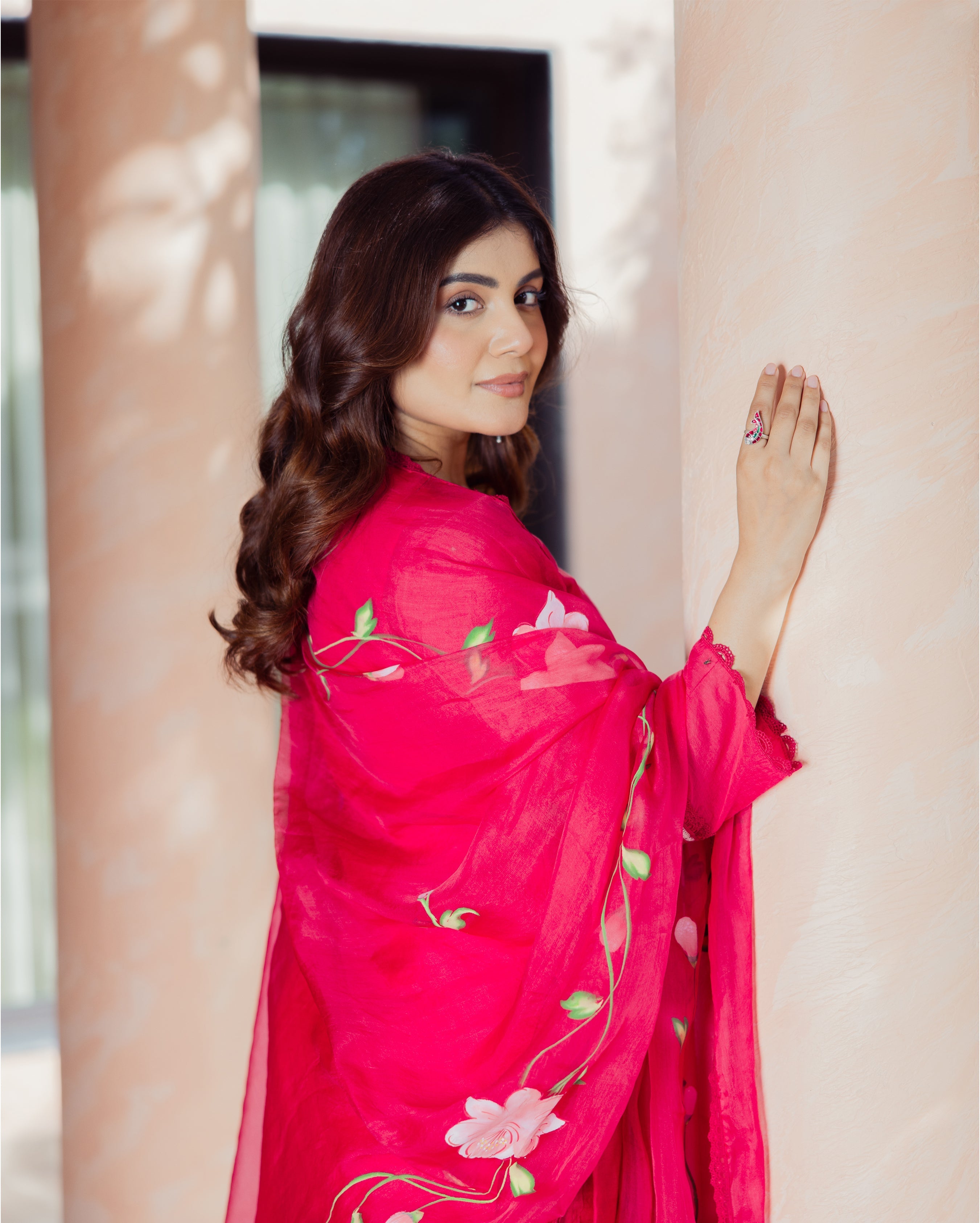 Meadow Magenta Handpainted Chanderi Suit Set
