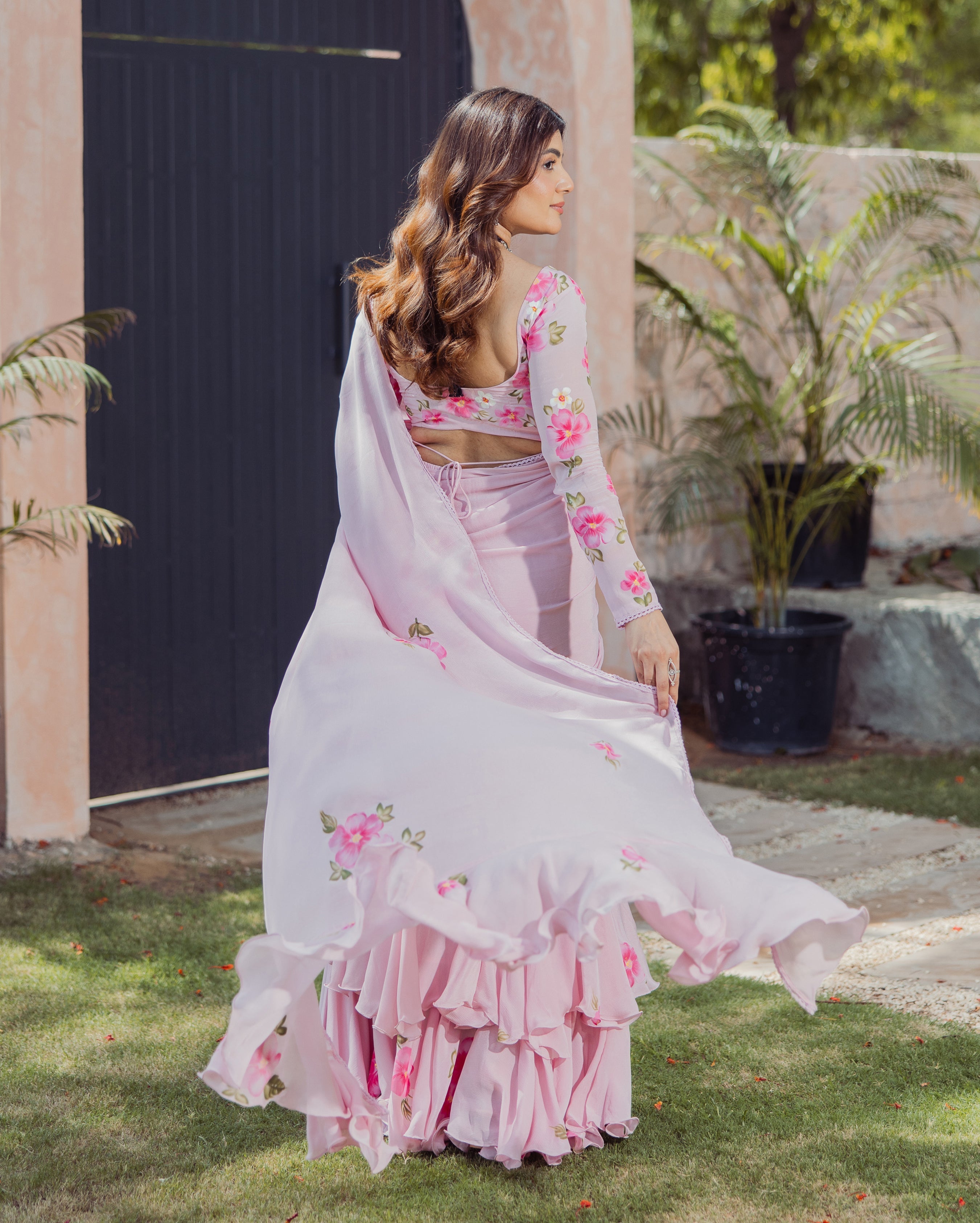 Bloom Pink Handpainted Chinon Pre draped Saree