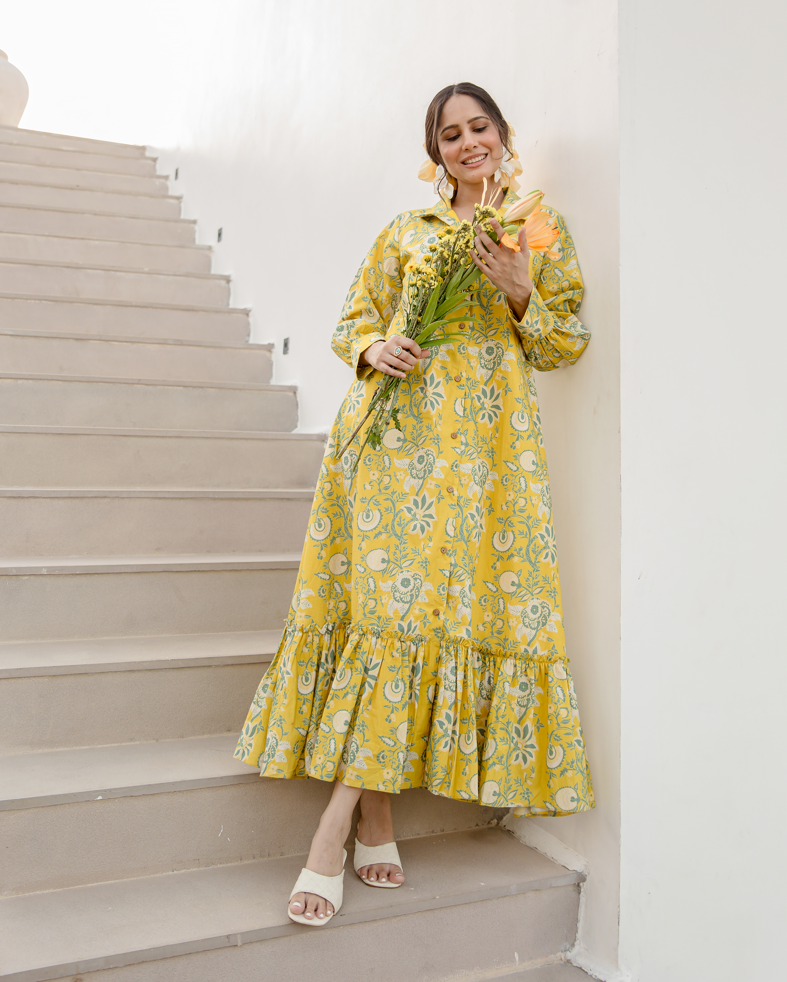Sunset Glow Yellow Cotton Printed Shirt Dress