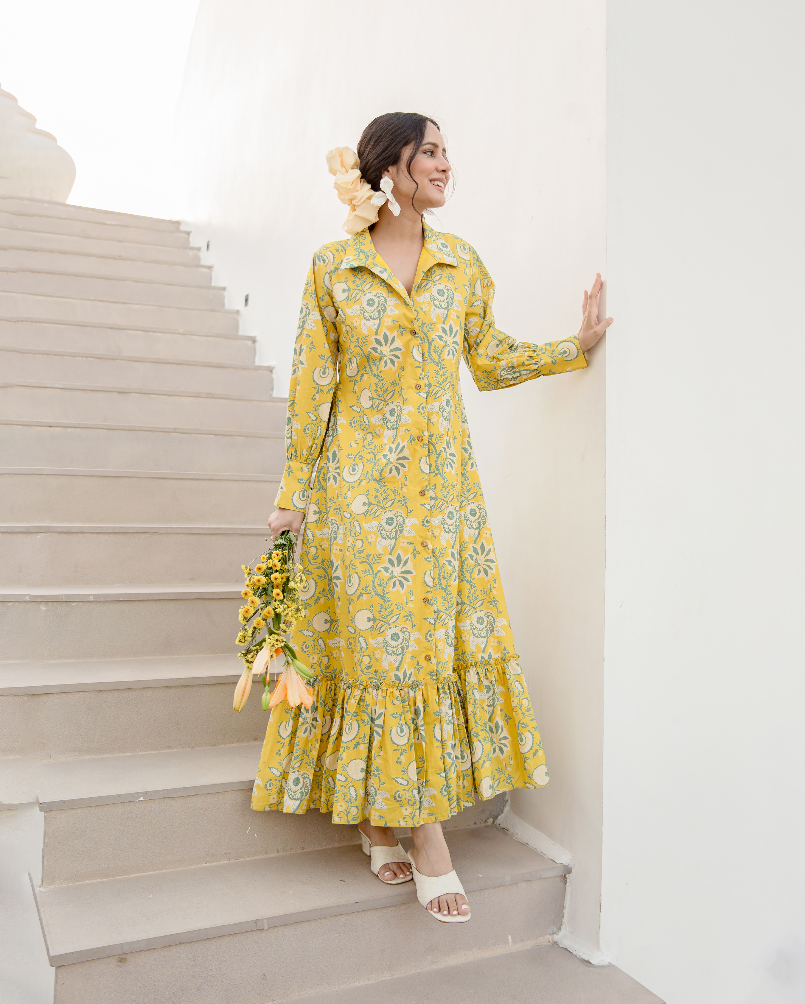 Sunset Glow Yellow Cotton Printed Shirt Dress