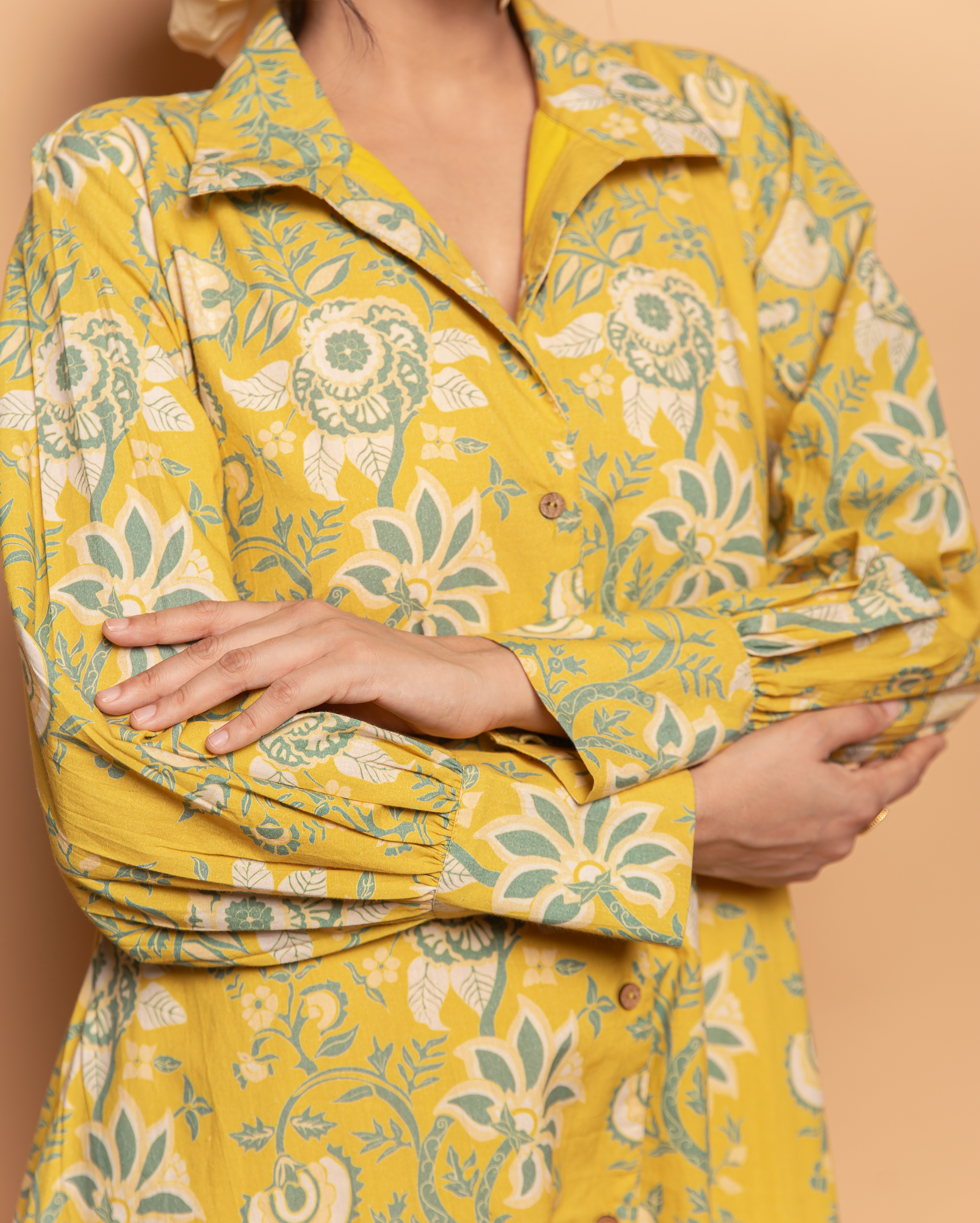 Sunset Glow Yellow Cotton Printed Shirt Dress