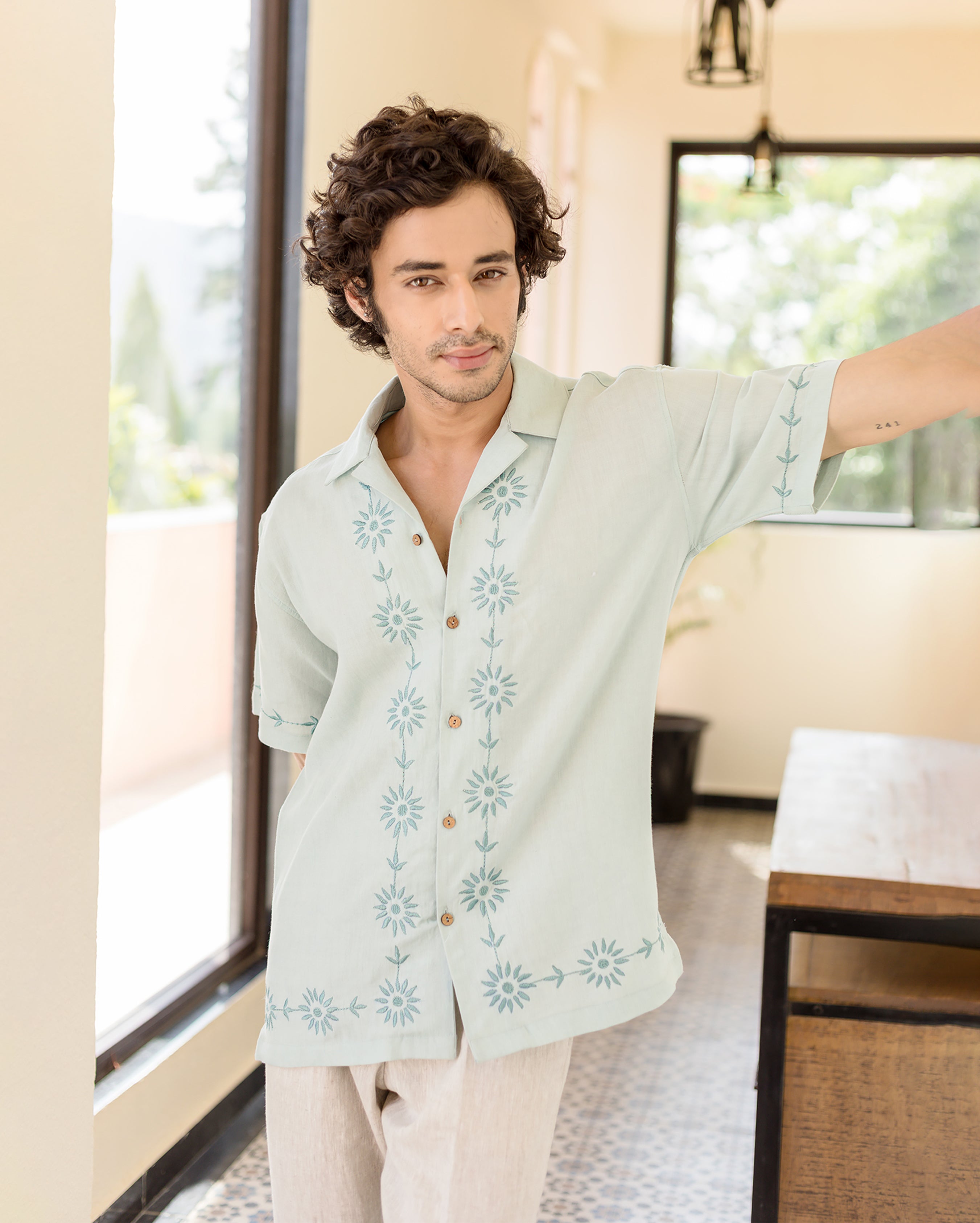Drip Pastel Blue Embroidered Linen Shirt