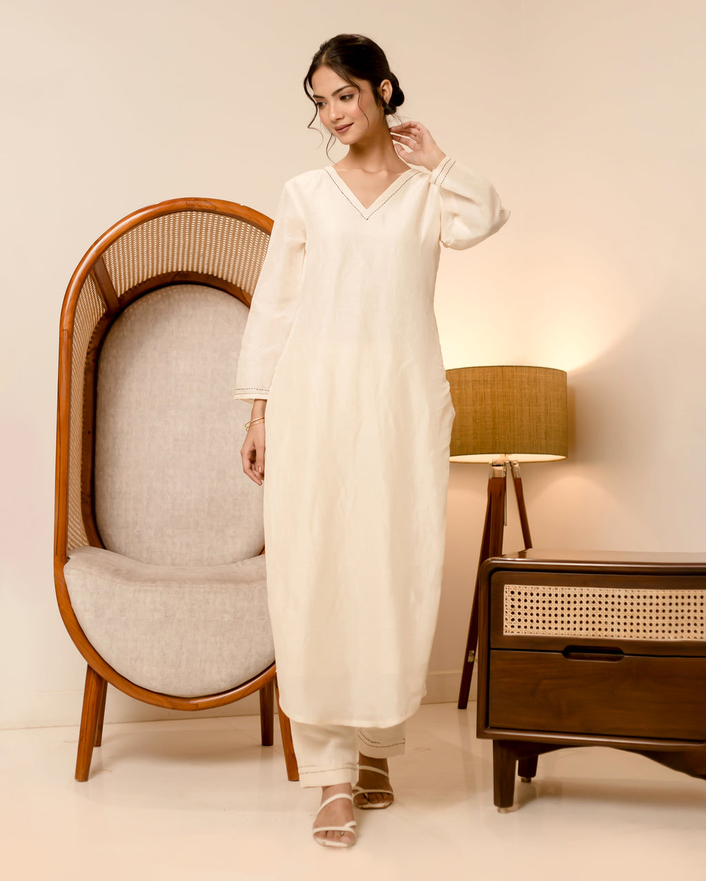 Camellia Off White Solid Linen Georgette Coord Set