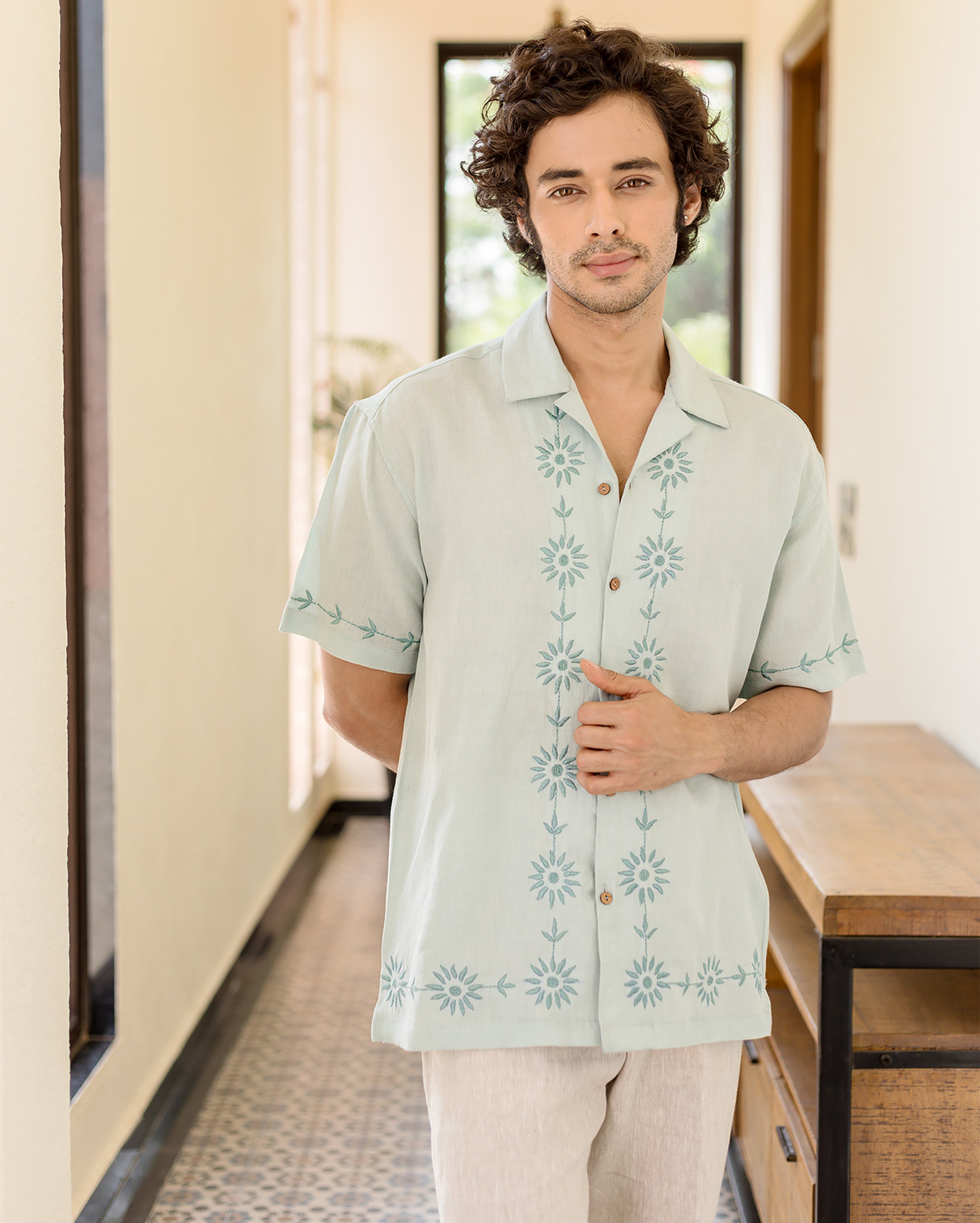 Drip Pastel Blue Embroidered Linen Shirt