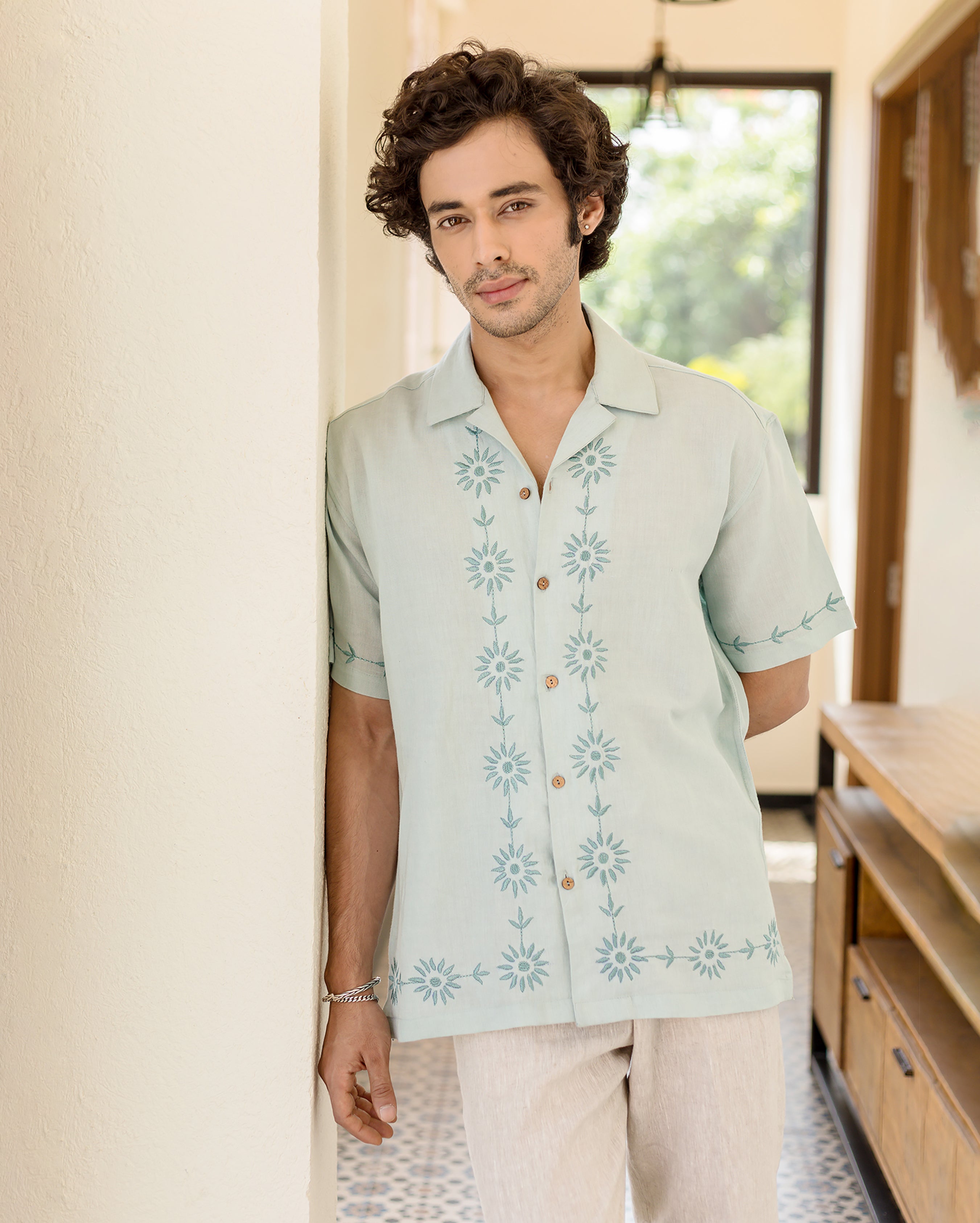 Drip Pastel Blue Embroidered Linen Shirt