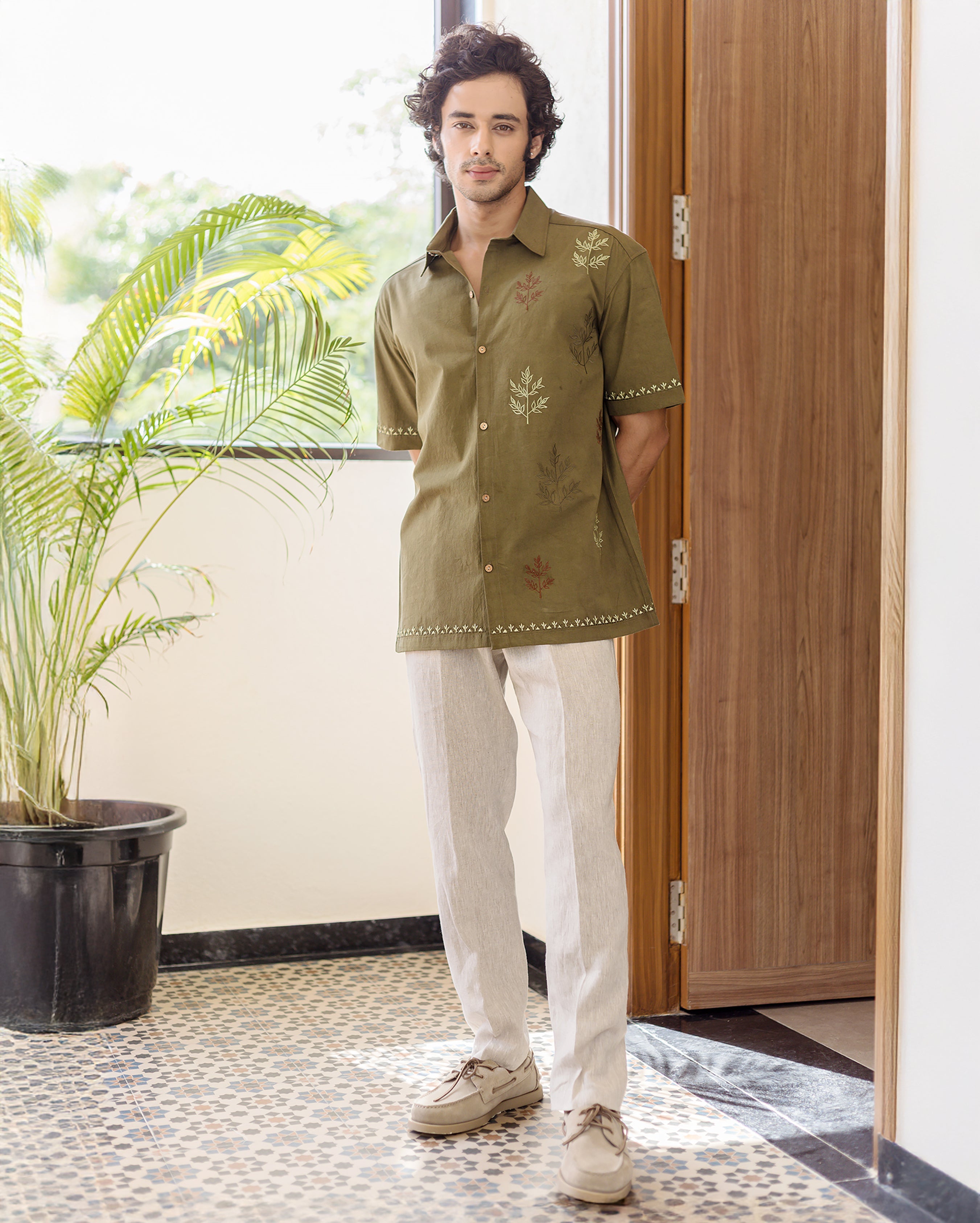 Dex Olive Embroidered Cotton Shirt