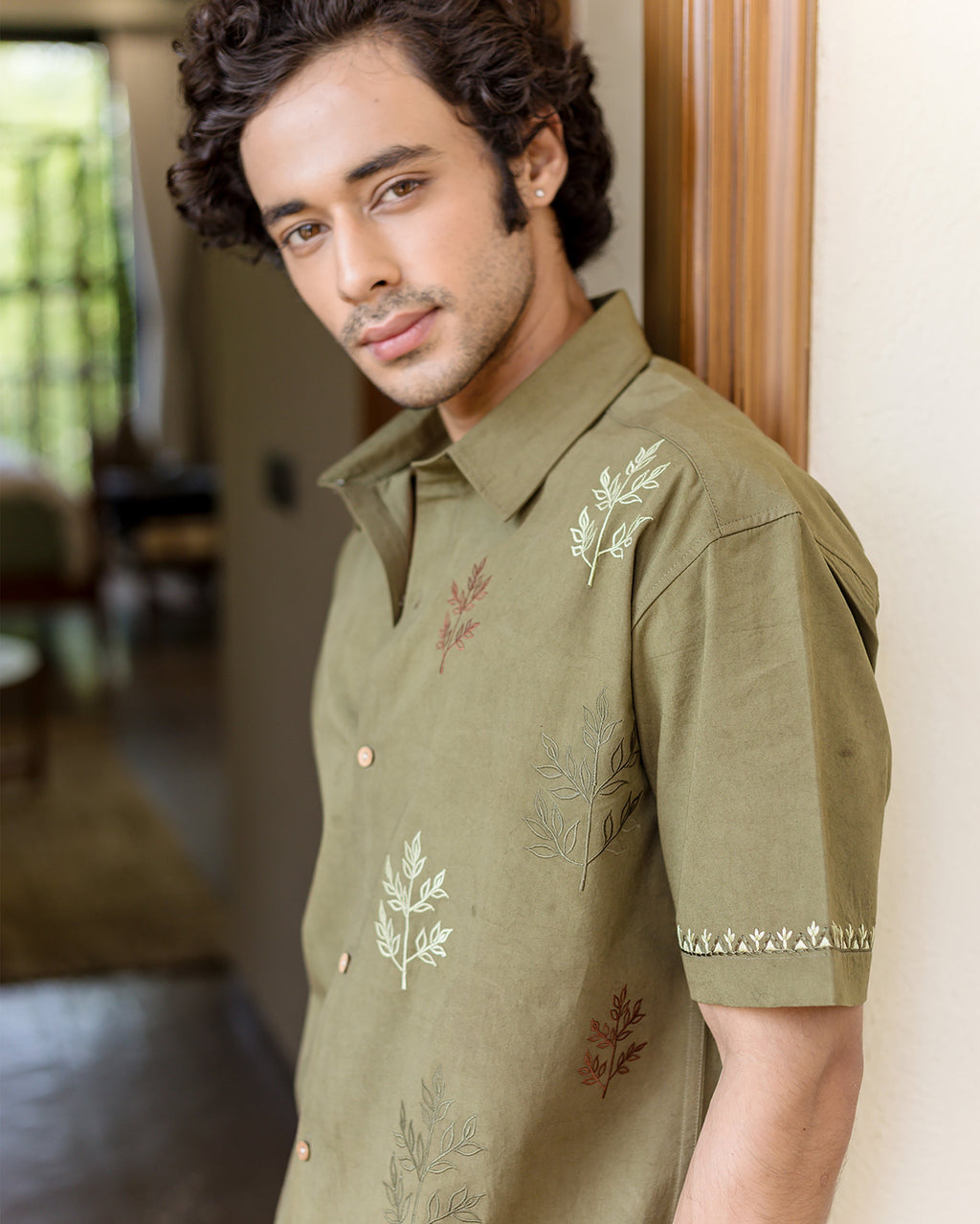 Dex Olive Embroidered Cotton Shirt
