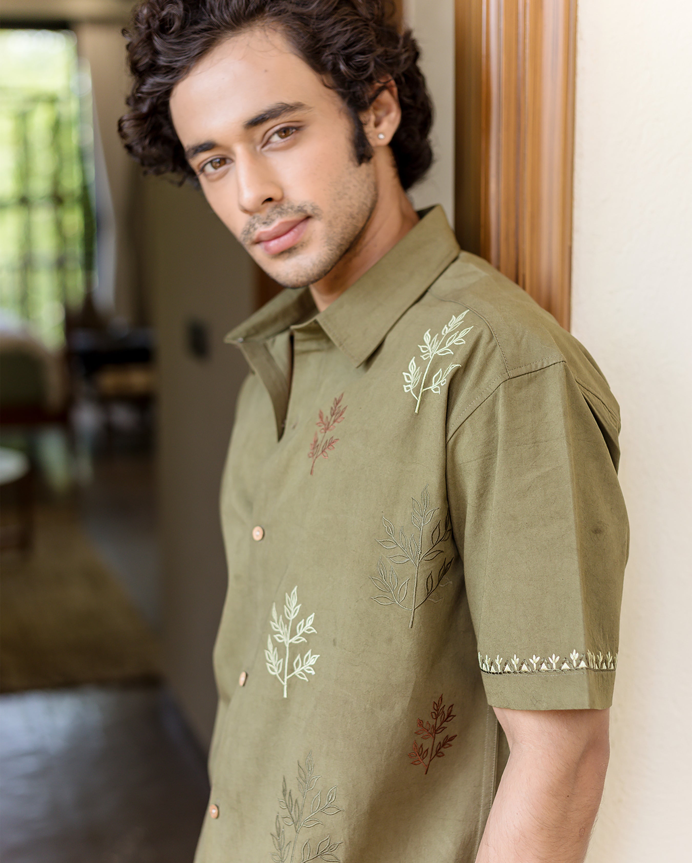 Dex Olive Embroidered Cotton Shirt
