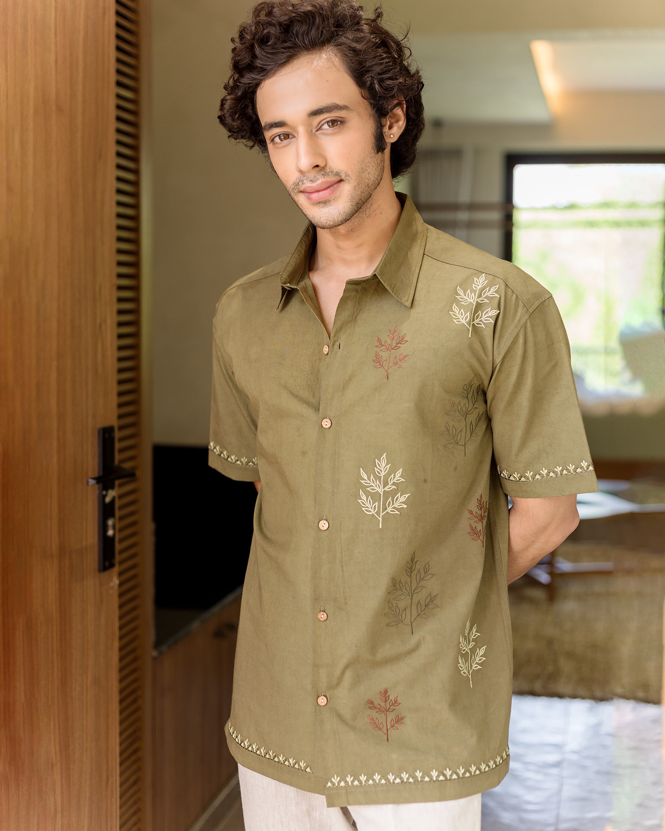 Dex Olive Embroidered Cotton Shirt