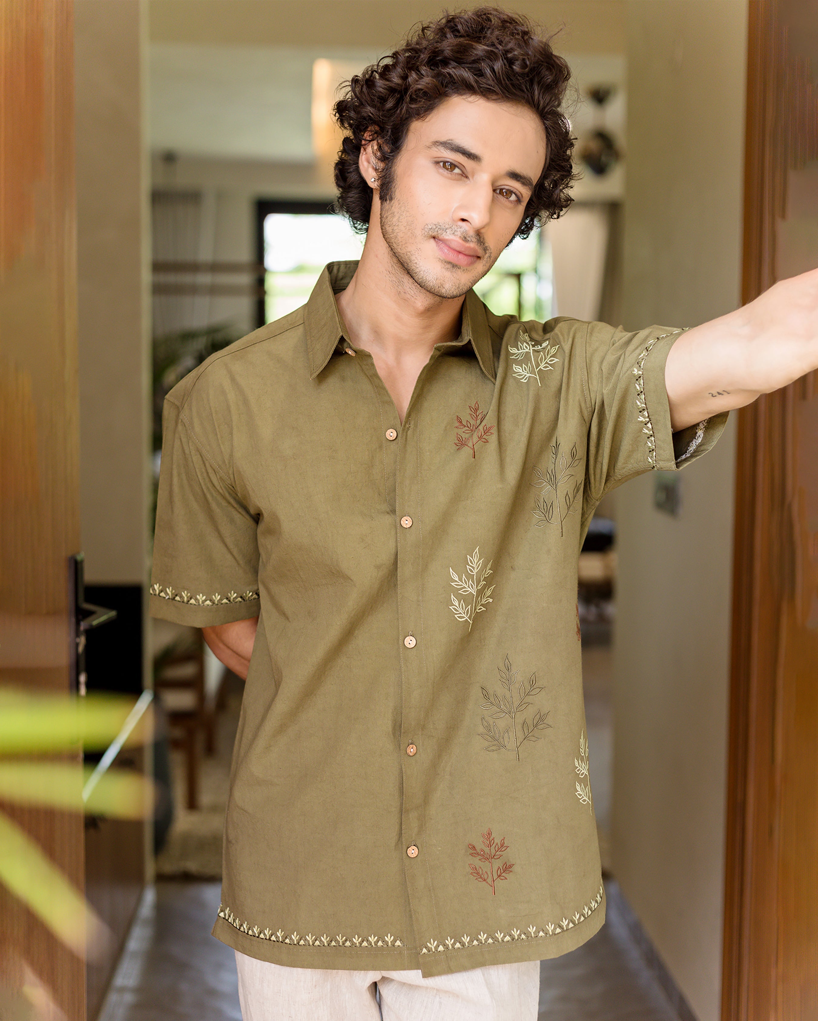 Dex Olive Embroidered Cotton Shirt