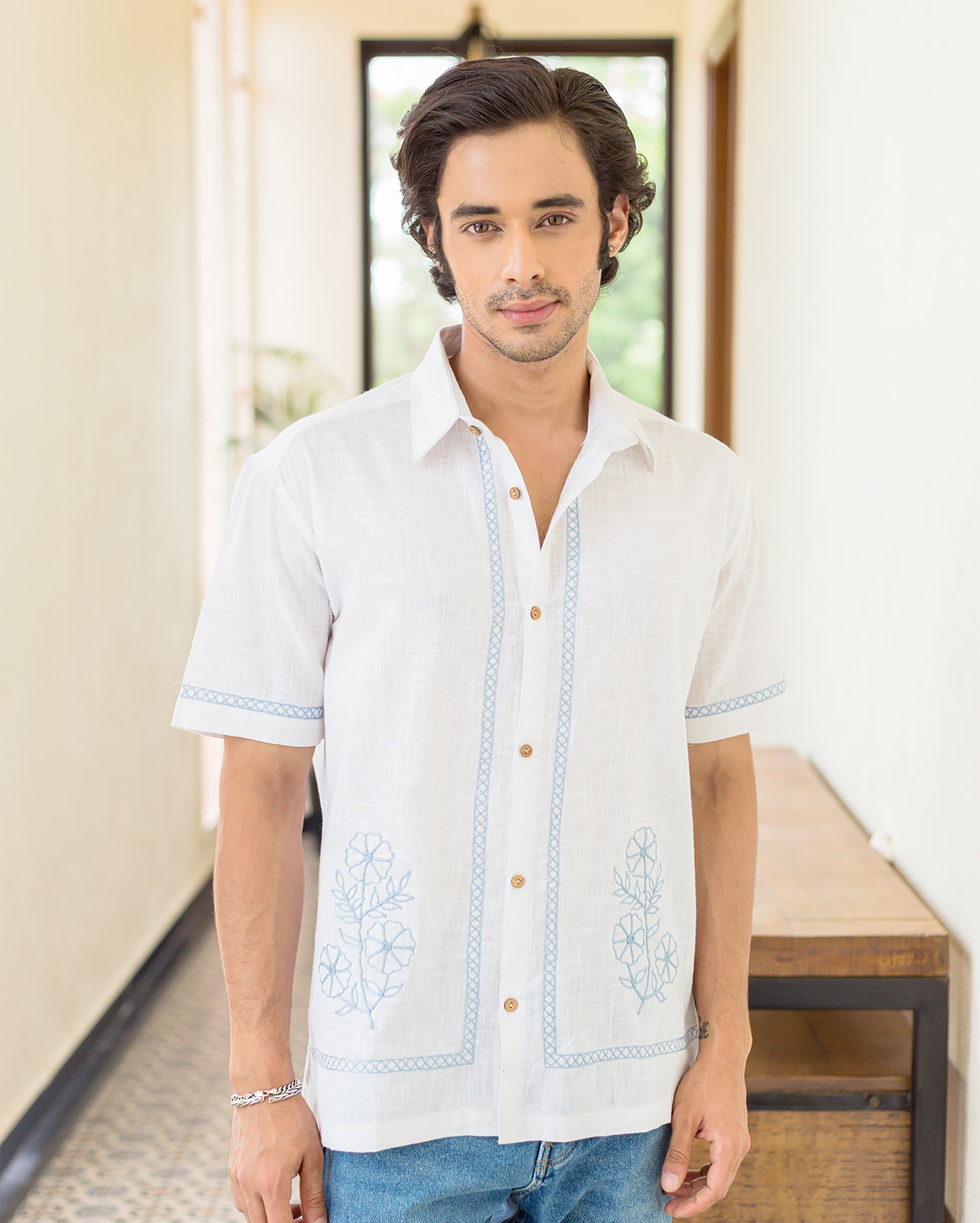 Asher White Embroidered Slub Shirt
