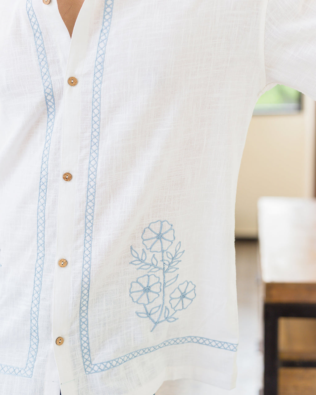 Asher White Embroidered Slub Shirt