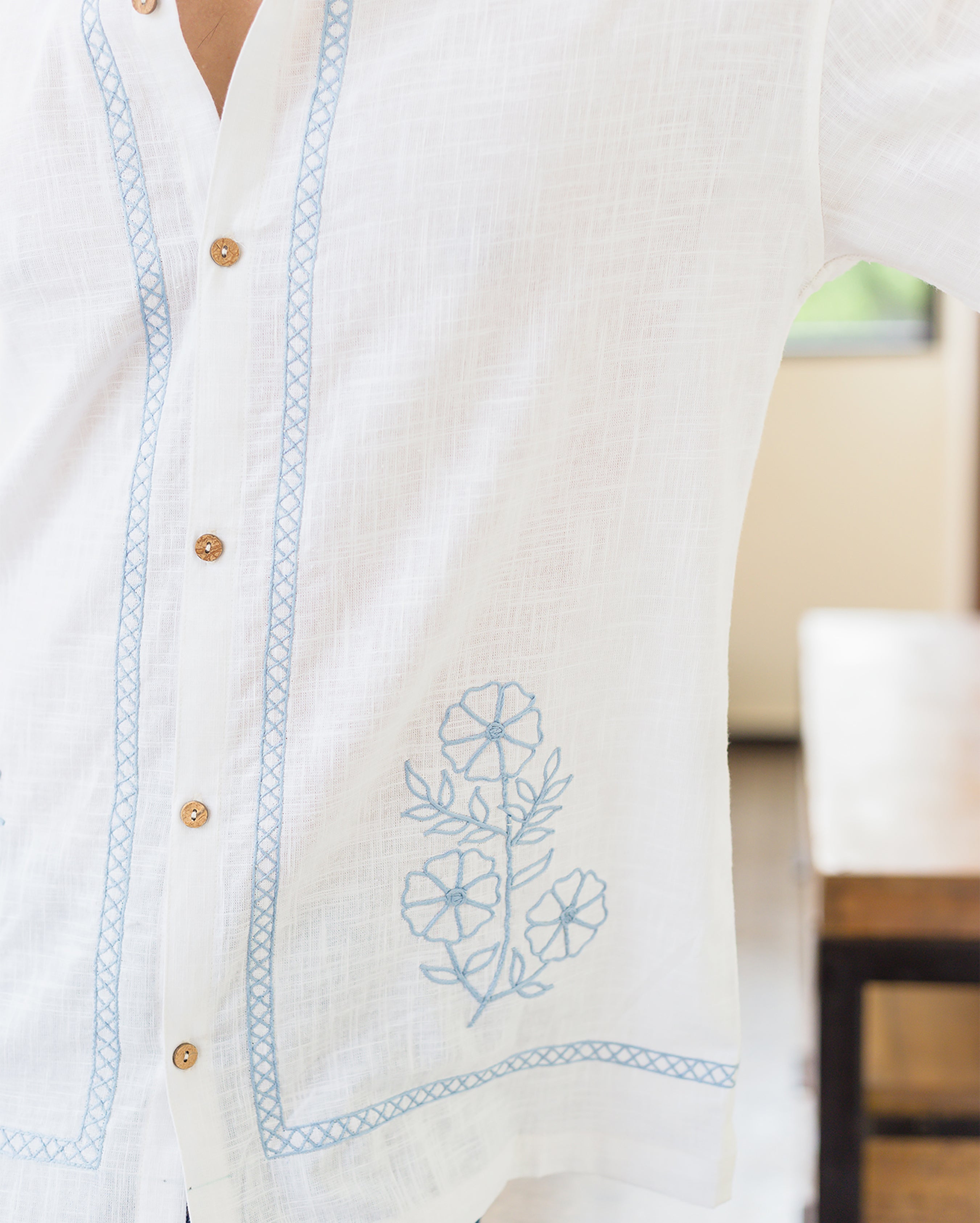 Asher White Embroidered Slub Shirt