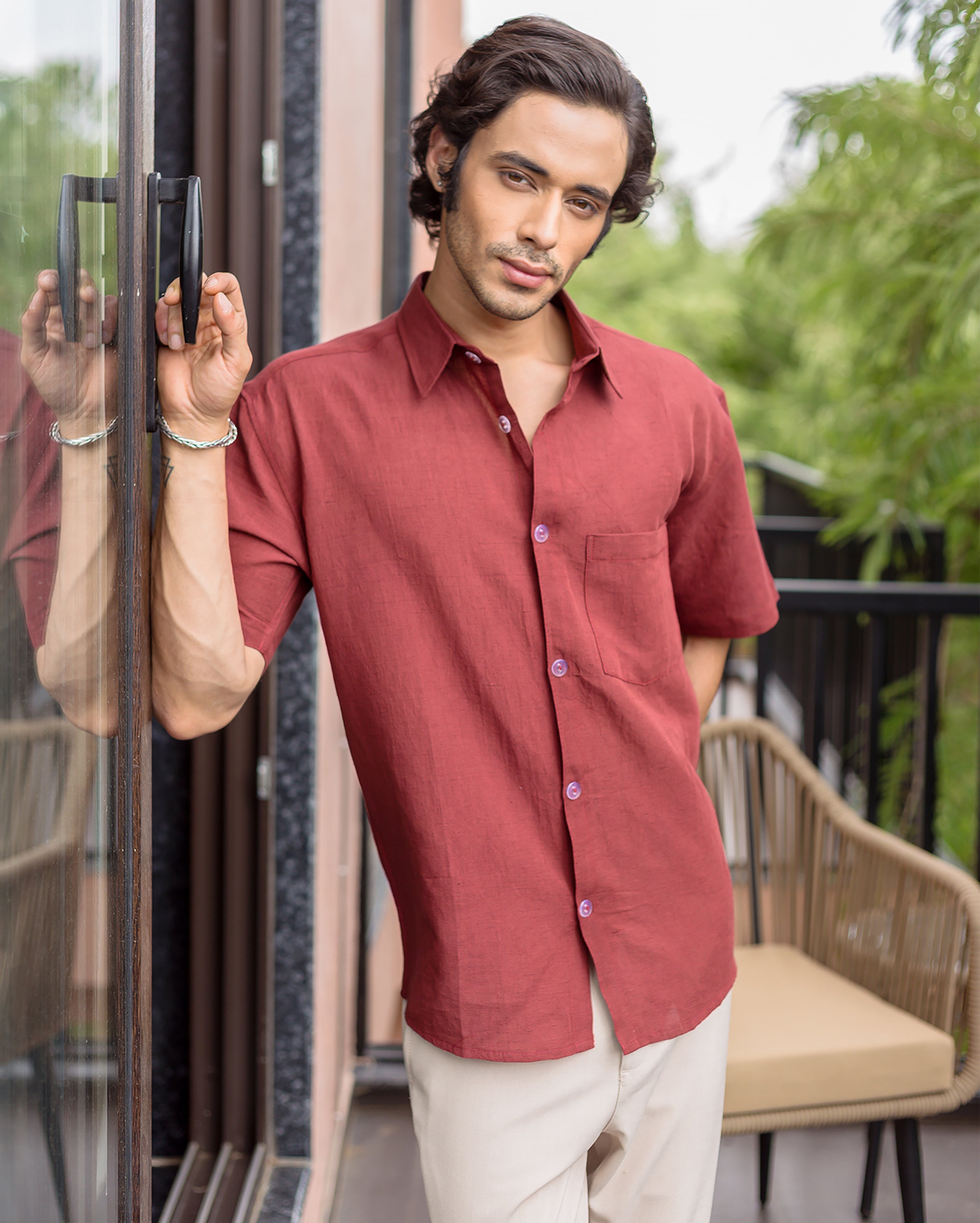 Vale Rust Red Linen Solid Shirt